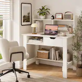 WELLFOR - 37.5" Home Office Desk with Power Outlets& Drawer, Computer Desk Study Desk Writing Desk with Storage Shelves - White