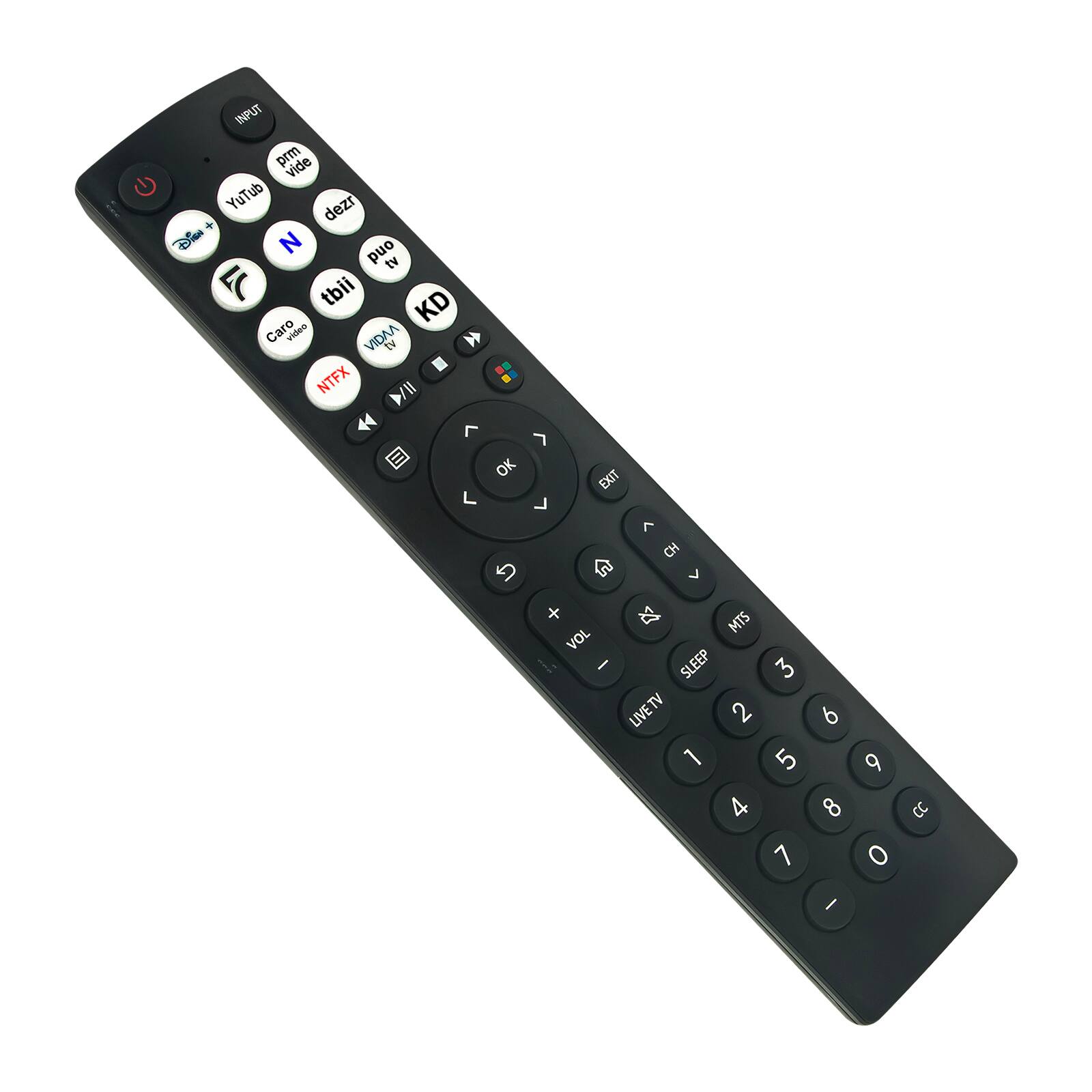 INPUT prm vide YuTub dezr + Disn N ond tv F tbii KD Caro video VIDAA SY NTFX II/4  OK L

EXIT   CH L X X VOL MTS / SLEEP 3 LIVE TV 2 6 1 5 9 4 8 CC 1 O