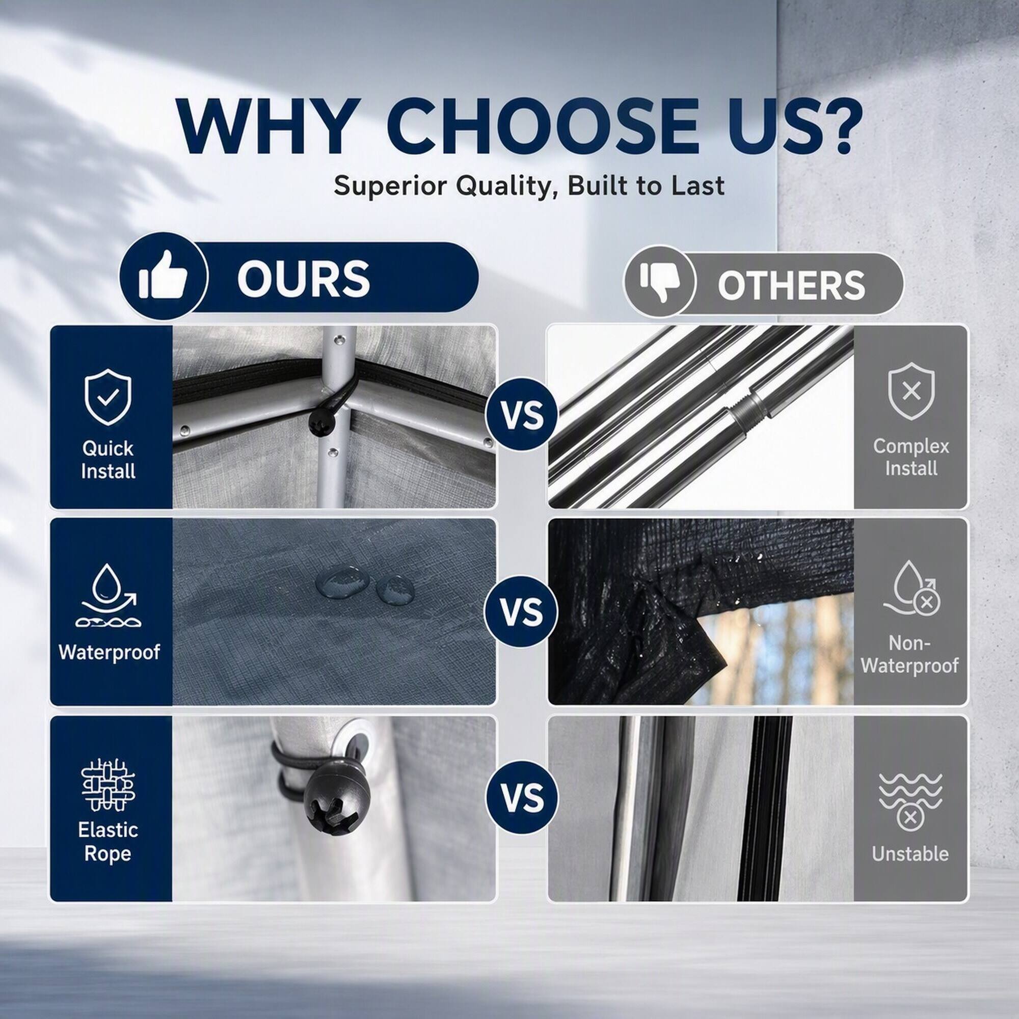WHY CHOOSE US?  
Superior Quality, Built to Last

**OURS**  
- Quick Install  
- Waterproof  
- Elastic Rope

**VS**

**OTHERS**  
- Complex Install  
- Non-Waterproof  
- Unstable