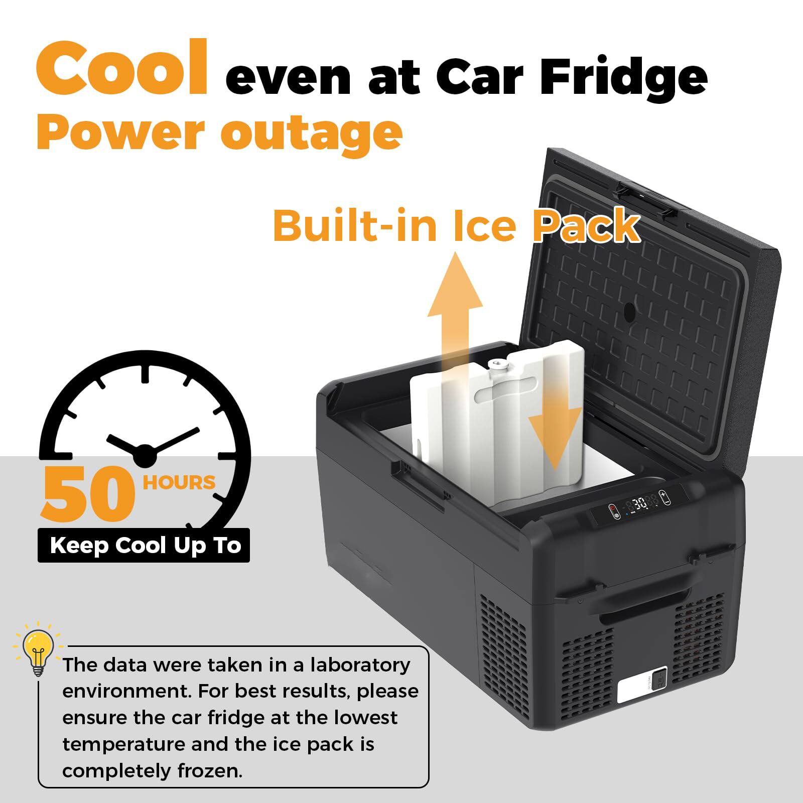 Cool even at Car Fridge Power outage  
Built-in Ice Pack  

50 HOURS  
Keep Cool Up To  

The data were taken in a laboratory environment. For best results, please ensure the car fridge is at the lowest temperature and the ice pack is completely frozen.