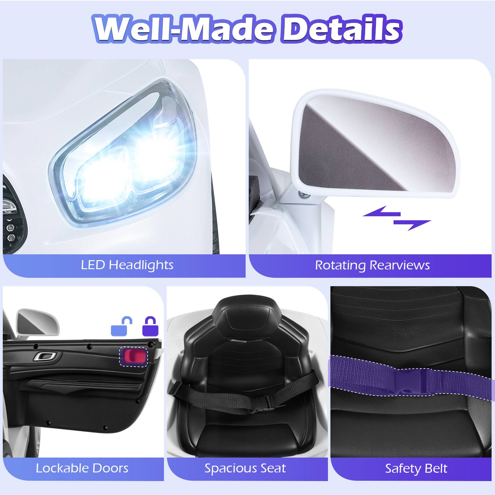 Well-Made Details

- LED Headlights
- Rotating Rearviews
- Lockable Doors
- Spacious Seat
- Safety Belt