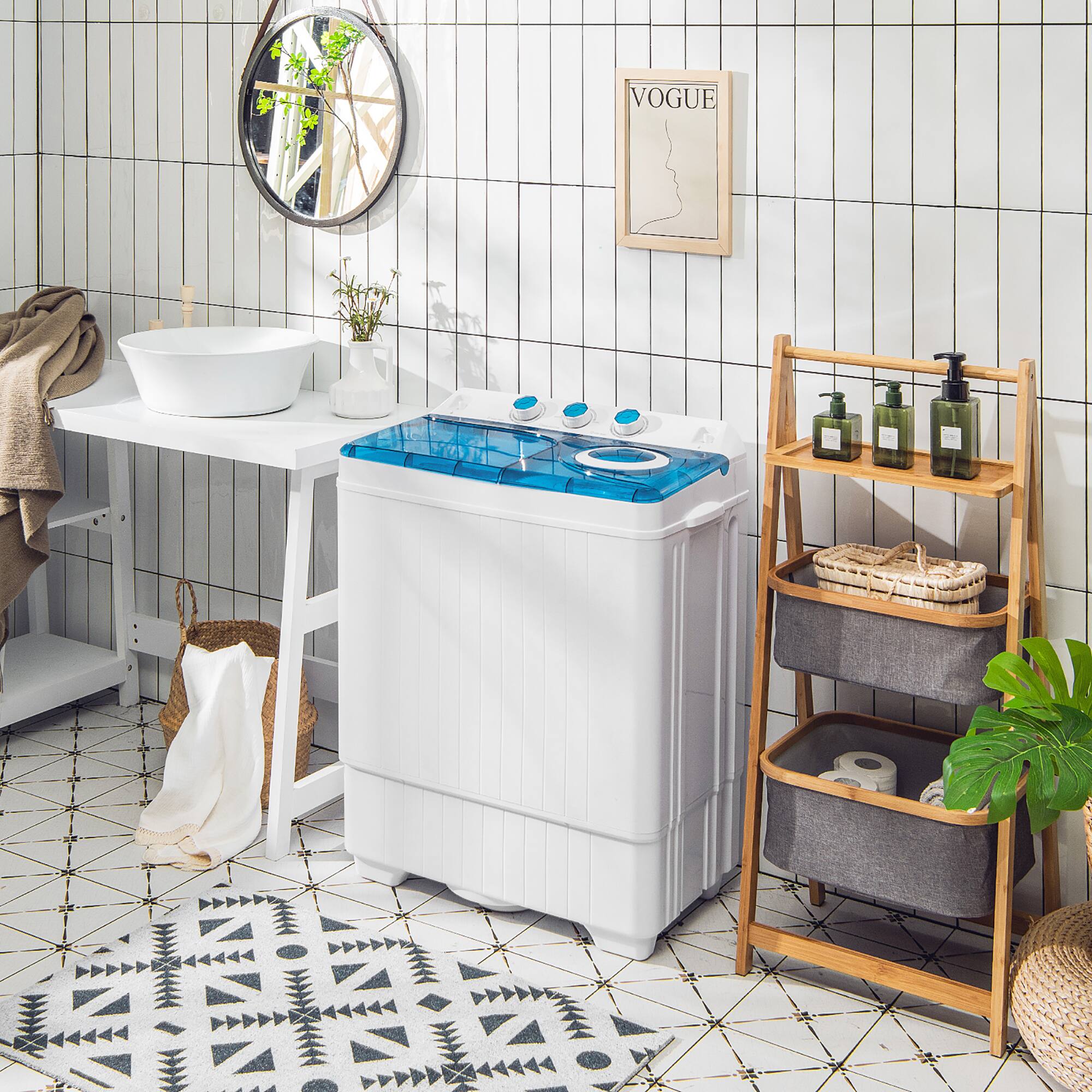Vogue is a magazine that is displayed on the wall above the sink in the bathroom.