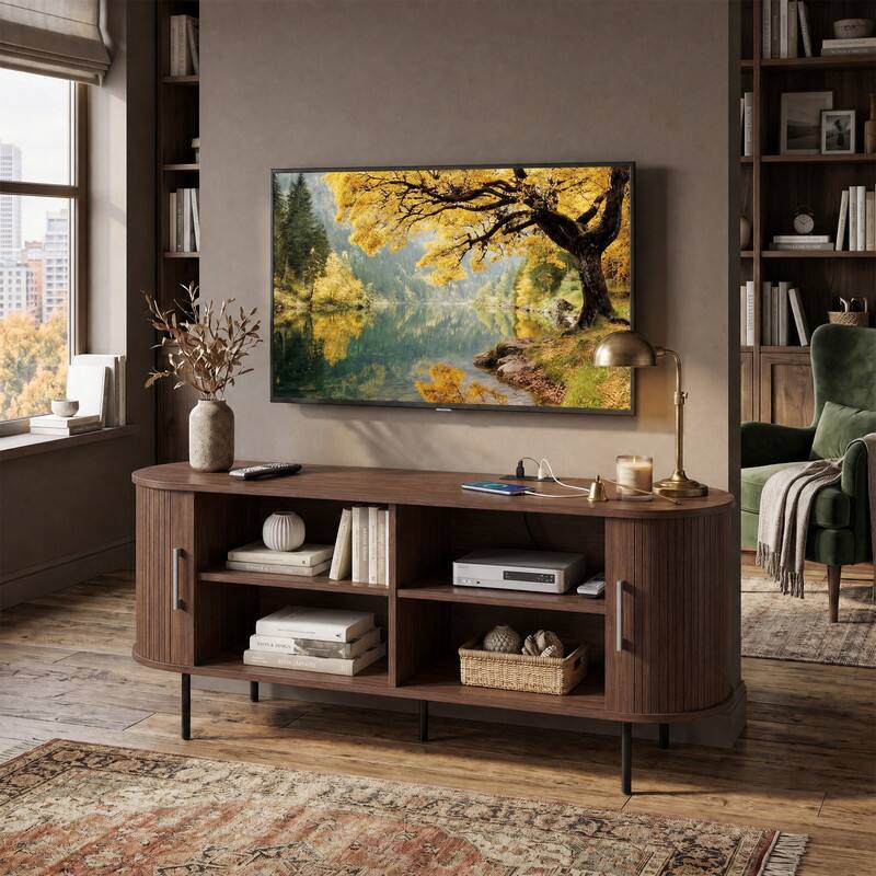 Back. WELLFOR - 55" Fluted TV Stand for TVs up to 60", Mid Century Curved Entertainment Center - Walnut.
