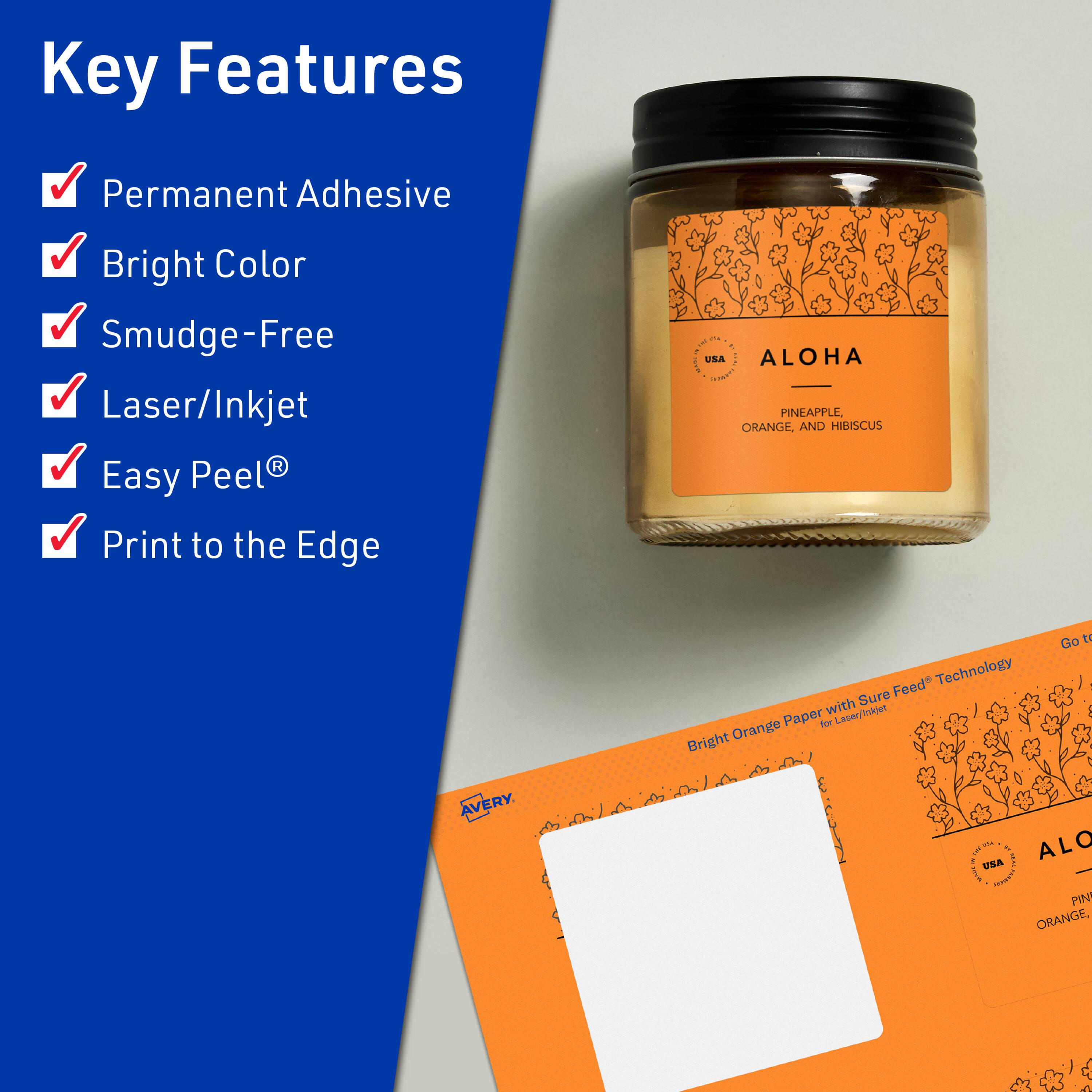 Key Features  
- Permanent Adhesive  
- Bright Color  
- Smudge-Free  
- Laser/Inkjet  
- Easy Peel®  
- Print to the Edge  

ALOHA  
PINEAPPLE, ORANGE, AND HIBISCUS  

Bright Orange Paper with Sure Feed® Technology for Laser/Inkjet  

Go to Feed Technology with Sure Paper for Laser/Inkjet  

AVERY  

USA