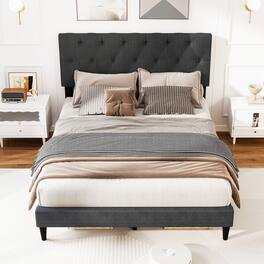 LUCKY ONE - Ful Assembled Upholstered Platform Bed with Tufted Headboard Wooden Slats Gray - Gray-Full