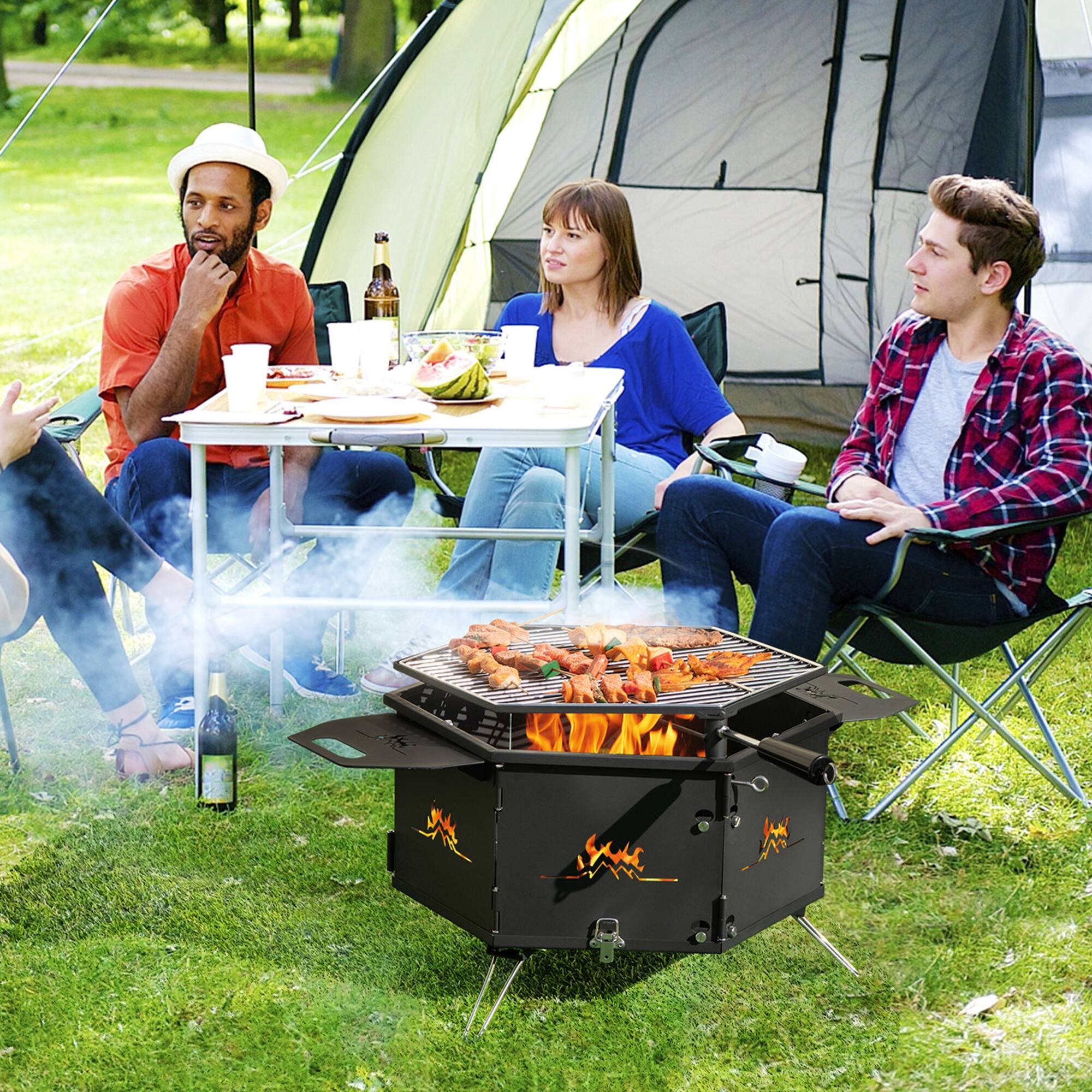 Left. Costway - Portable Charcoal Grill Stove with 360° Rotatable Grill Foldable Body & Legs Black - Black.