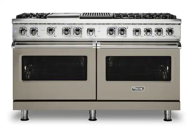 The text on the image reads "HES E 1 30 3 2 803 2I C VIKING." This text is likely a description or model number for the stainless steel stove top oven.