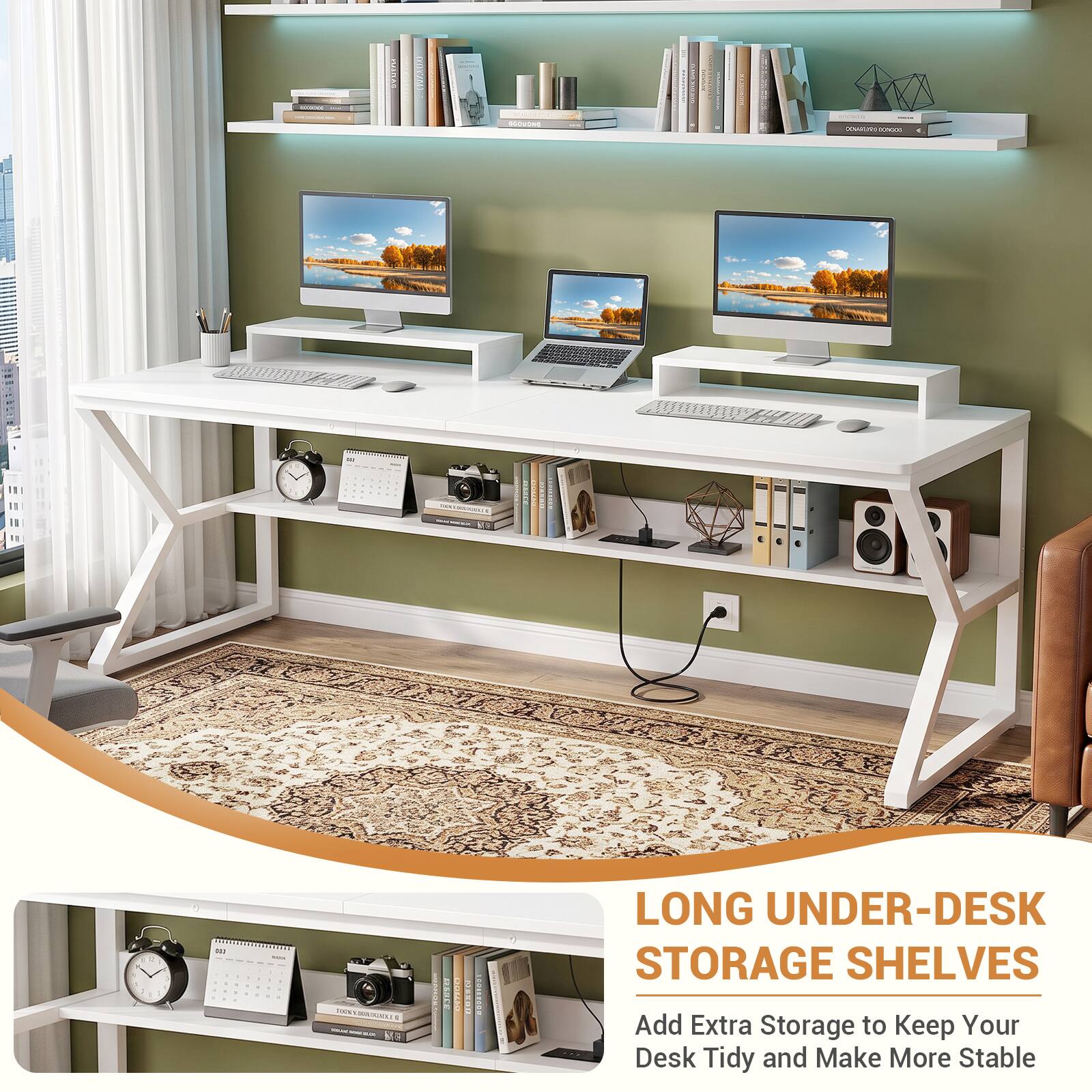 OGGUONS
COLAROOS

10000000001
- 1 :
C 1 /
= - -
-
-
  LOUR t -
LONG UNDER-DESK STORAGE SHELVES Add Extra Storage to Keep Your Desk Tidy and Make More Stable