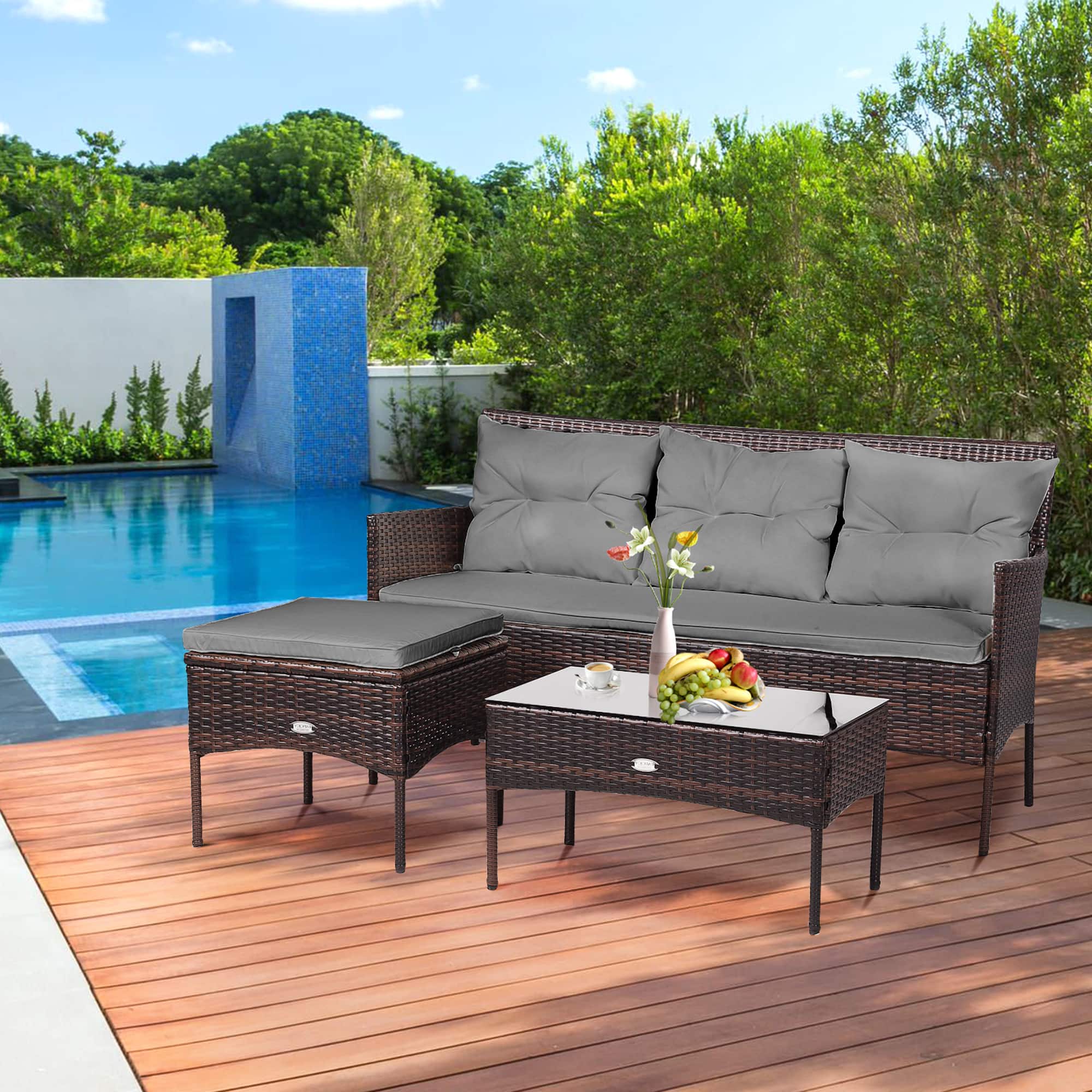 Gymax - 3PCS Patio Rattan Sectional Conversation Furniture Set w/ Cushions - Grey