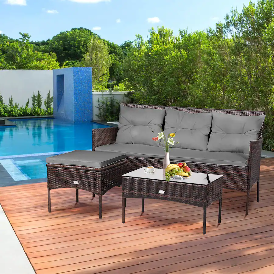 Gymax 3PCS Patio Rattan Sectional Conversation Furniture Set w/ Grey ...