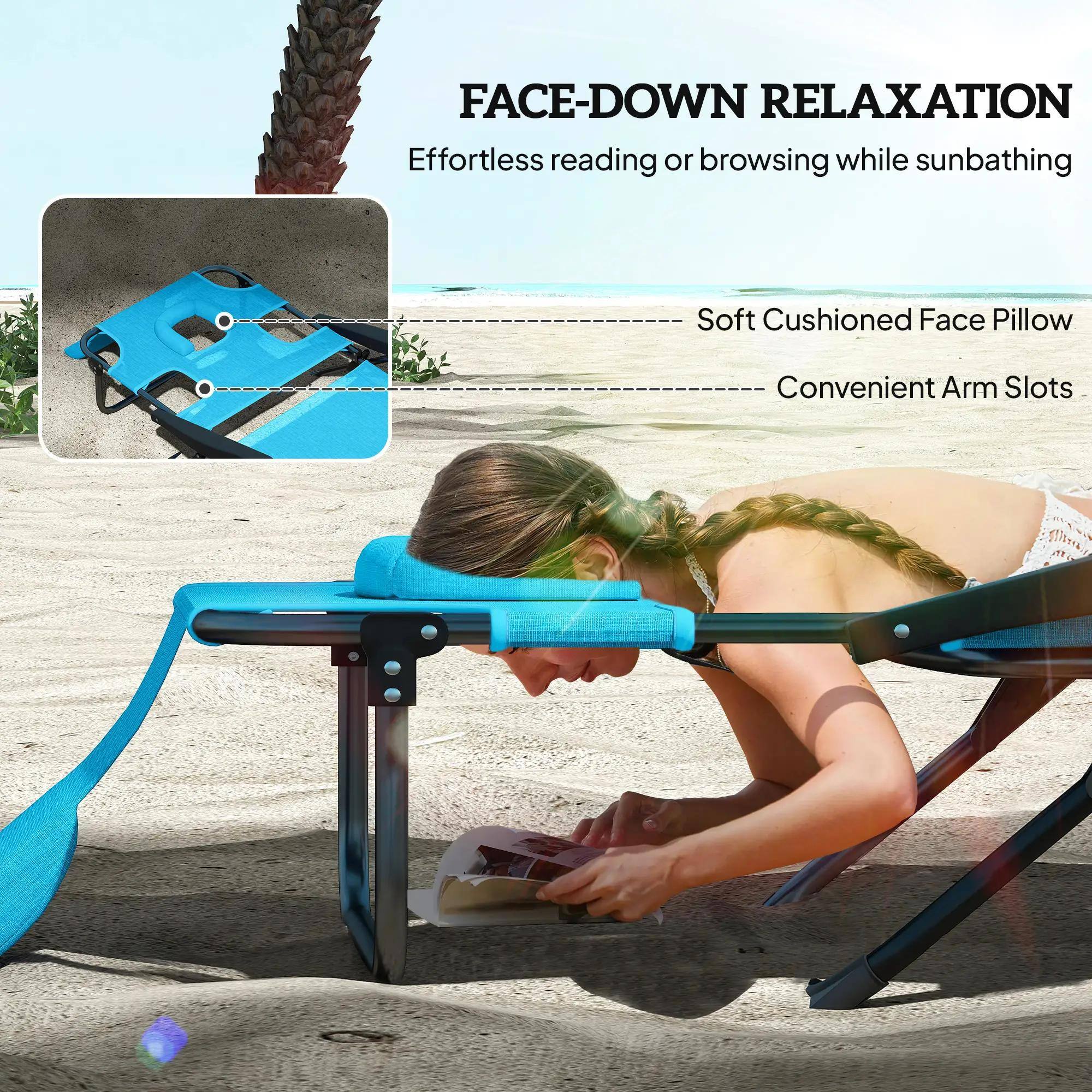 FACE-DOWN RELAXATION  
Effortless reading or browsing while sunbathing  

- Soft Cushioned Face Pillow  
- Convenient Arm Slots