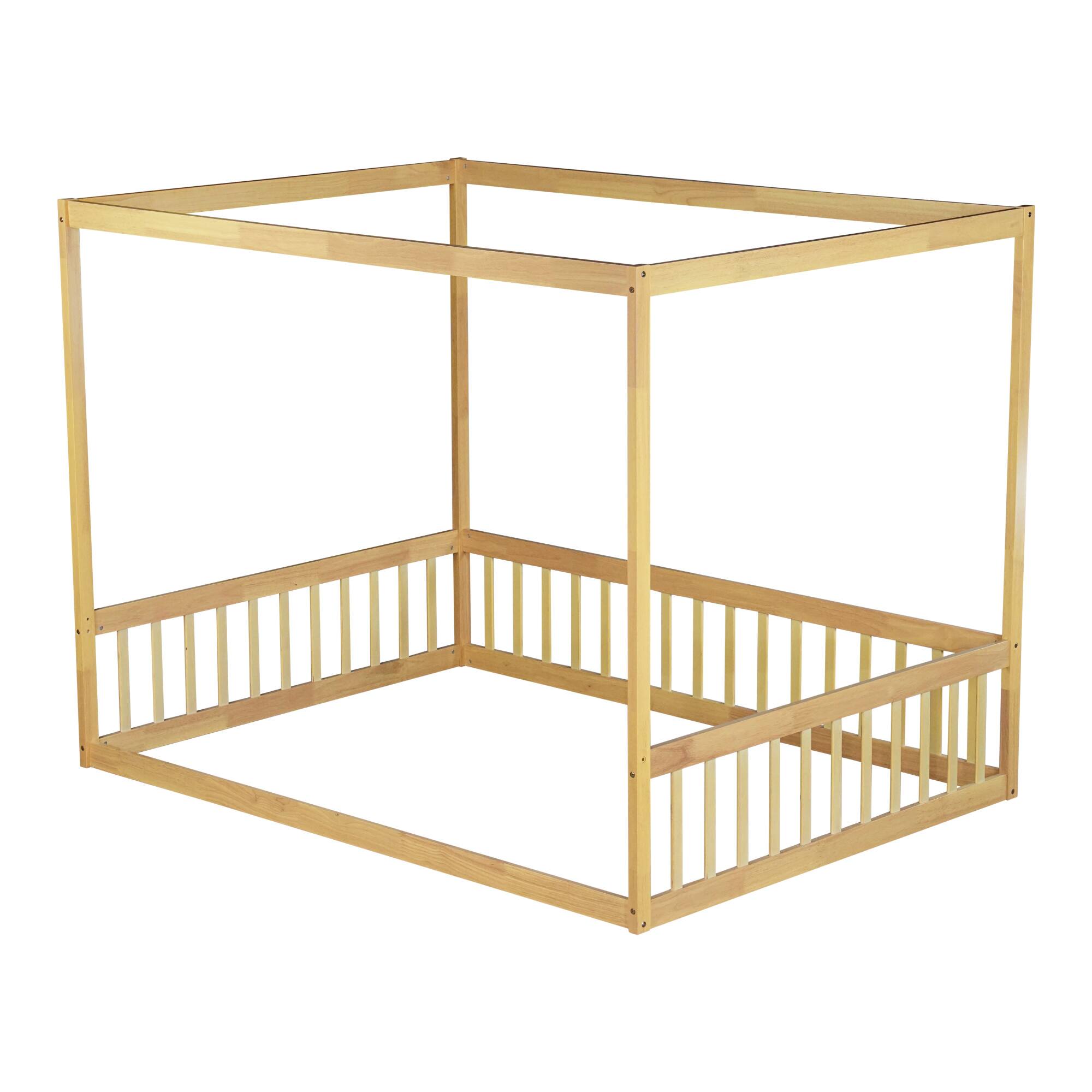 Alt View 10. GOODSILO - Full Size Canopy Frame Floor Bed with Safety Guardrails - Natural.