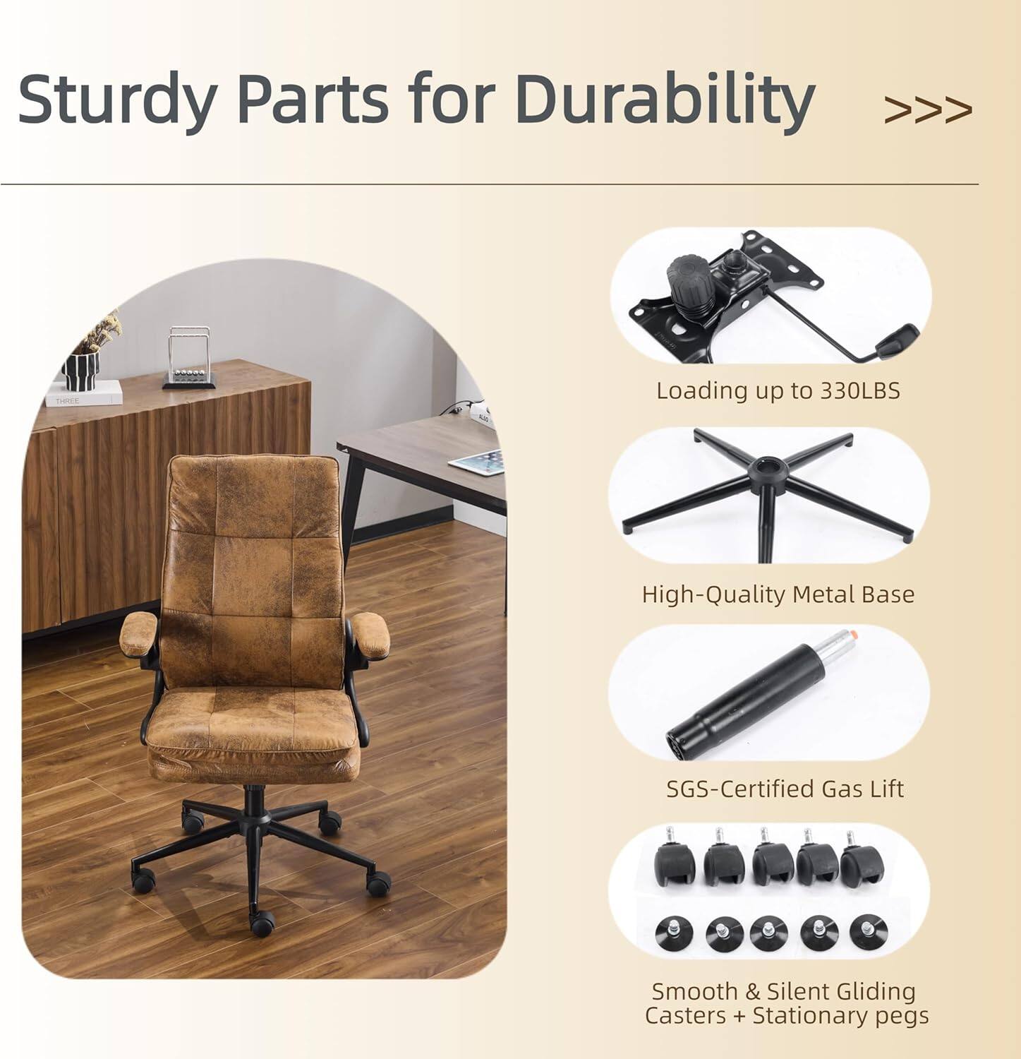 Sturdy Parts for Durability >>> Loading up to 330LBS High-Quality Metal Base SGS-Certified Gas Lift Smooth & Silent Gliding Casters + Stationary pegs