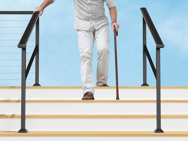 Back. LOVMOR - LOVMOR 2 Pack 4 Step Hand Rails for Outdoor Steps Wrought Iron Railing - Black.