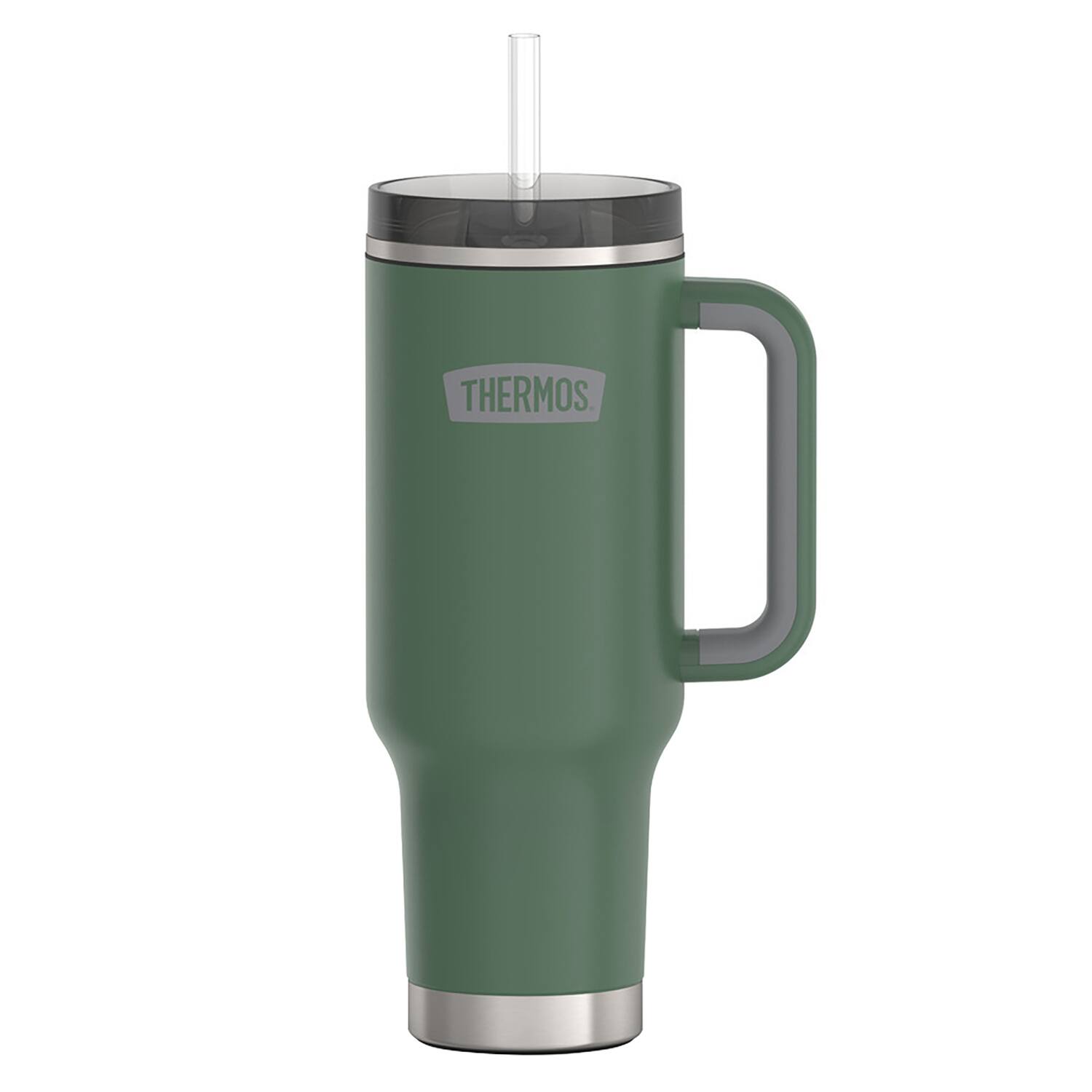 Angle. Thermos - Thermos 40 oz Stainless Steel Cup Holder Mug w/ Straw - Alpine Green - Alpine Green.