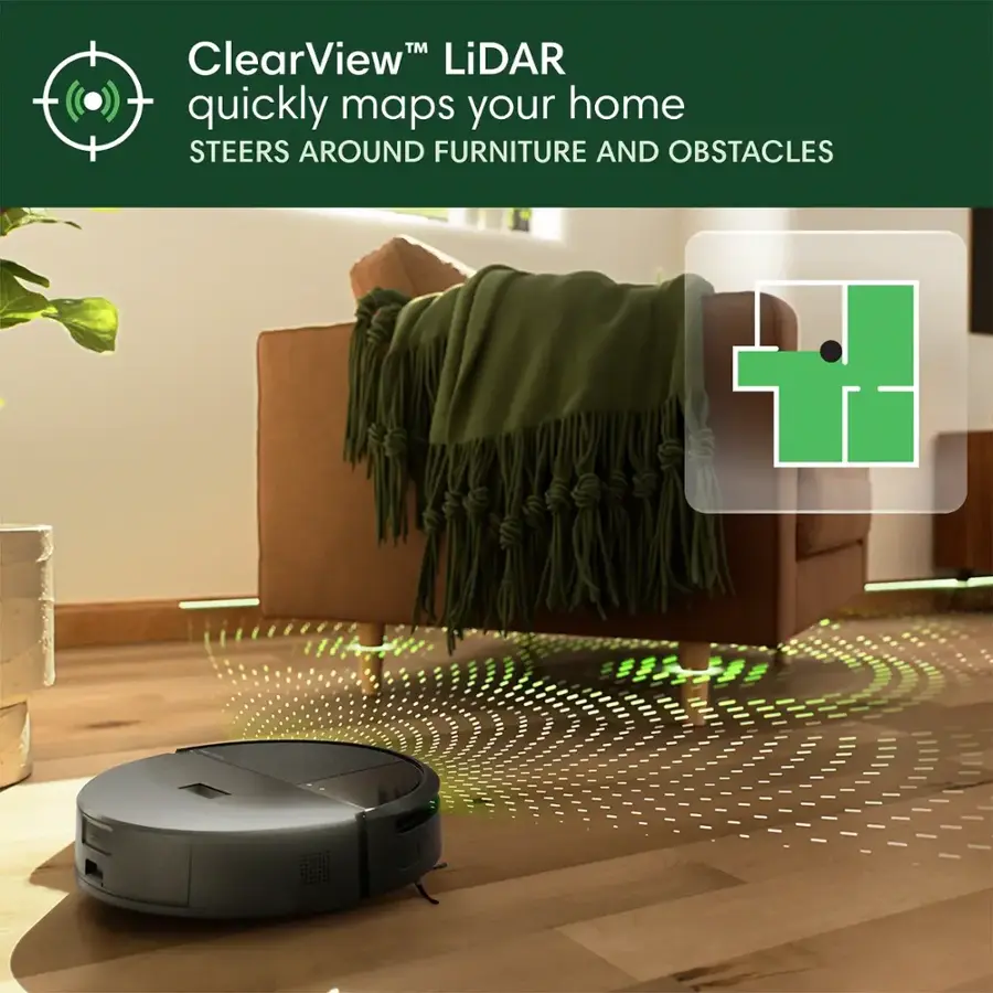 ClearView LiDAR quickly maps your home, steering around furniture and obstacles.
