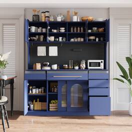 Whisen - 63" W Kitchen Buffet with Hutch, Storage Cabinet with Power Outlet, Drawers & Glass Doors for Dining - Blue