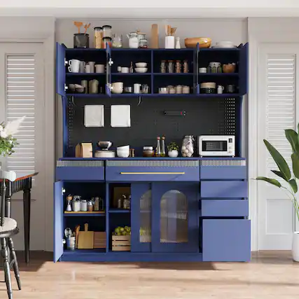 Front. Whisen - 63" W Kitchen Buffet with Hutch, Storage Cabinet with Power Outlet, Drawers & Glass Doors for Dining - Blue.