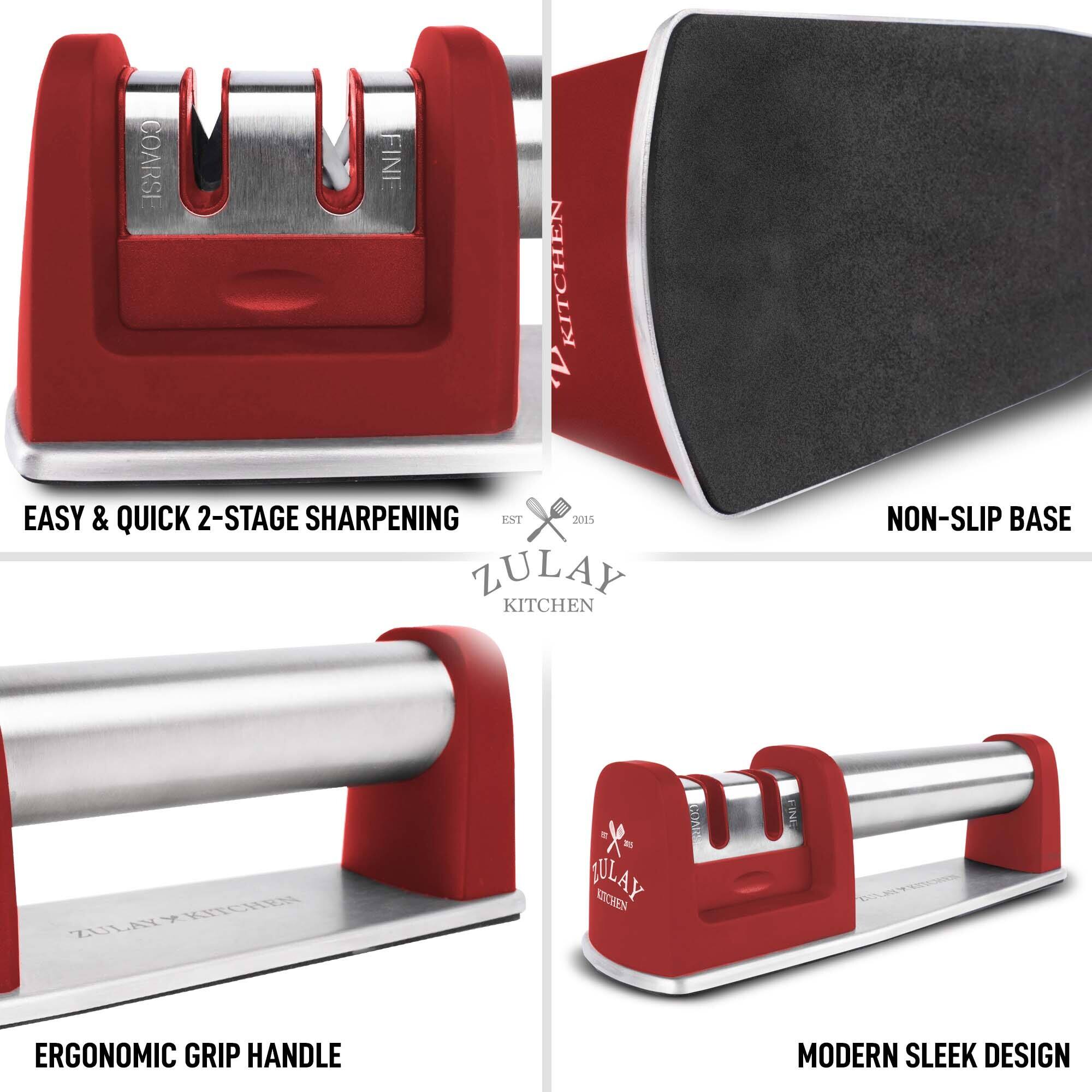 COARSE  
FINE  

EASY & QUICK 2-STAGE SHARPENING  

NON-SLIP BASE  

ERGONOMIC GRIP HANDLE  

MODERN SLEEK DESIGN  

ZULAY KITCHEN  
EST 2015