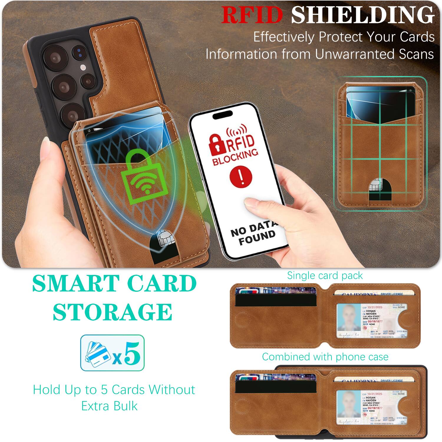 RFID SHIELDING Effectively Protect Your Cards Information from Unwarranted Scans

RFID BLOCKING ! NO DATA FOUND

SMART CARD STORAGE x5

Single card pack

Combined with phone case

Hold Up to 5 Cards Without Extra Bulk