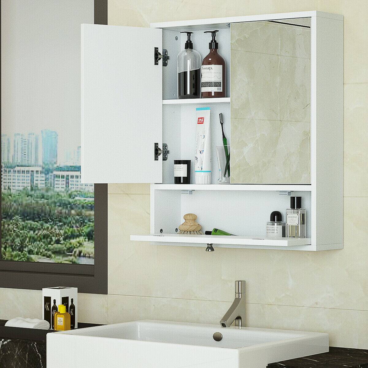 Back. Costway - Costway Bathroom Cabinet Medicine Cabinet Double Mirror Door Wall Mount Storage Wood Shelf White - White.