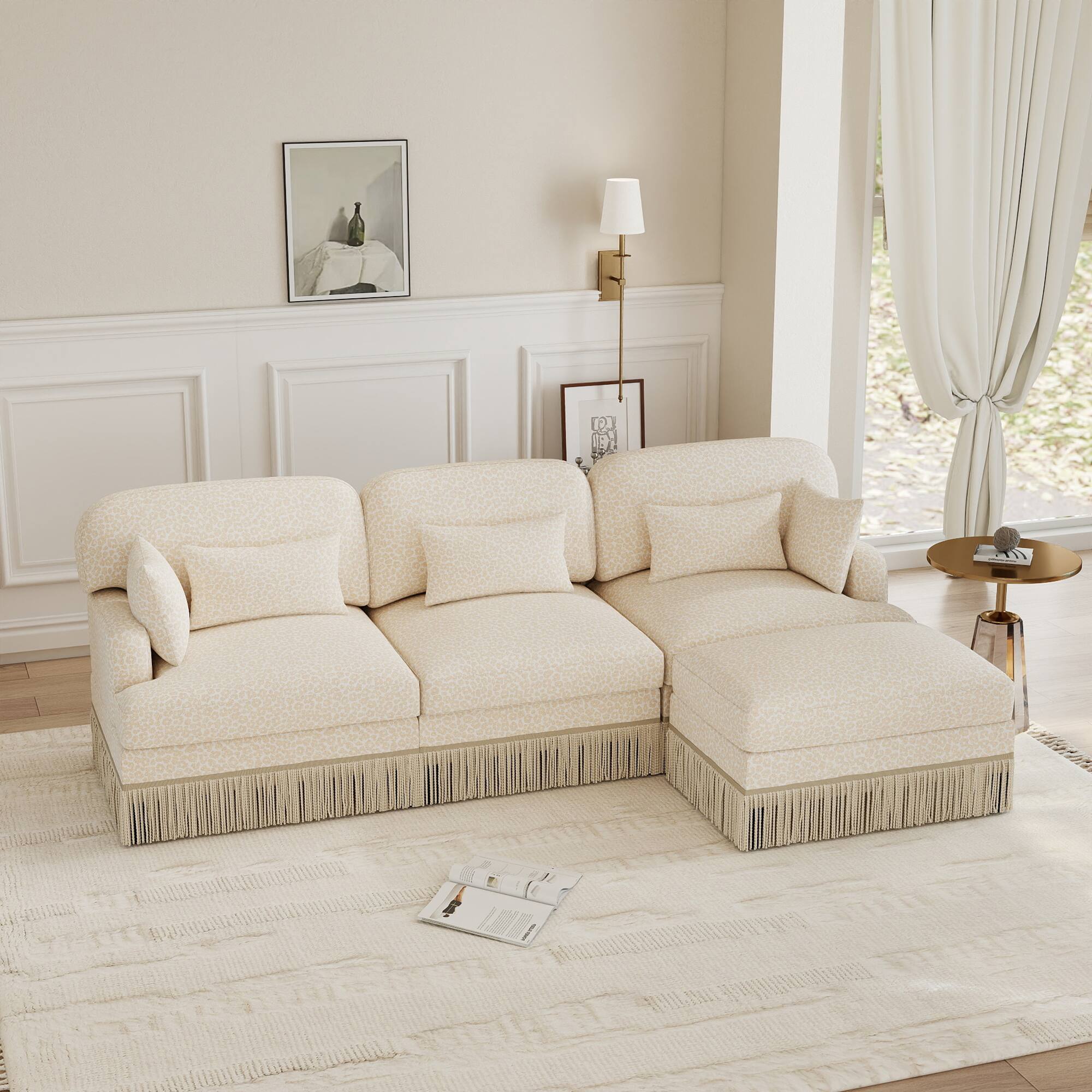 Angle. Anysun - Modern Fashion Style L-Shaped Chenille Leopard Print Sofa with Movable Ottoman & Tassel Edge, Easy Assembly, Deep Seat - Beige.