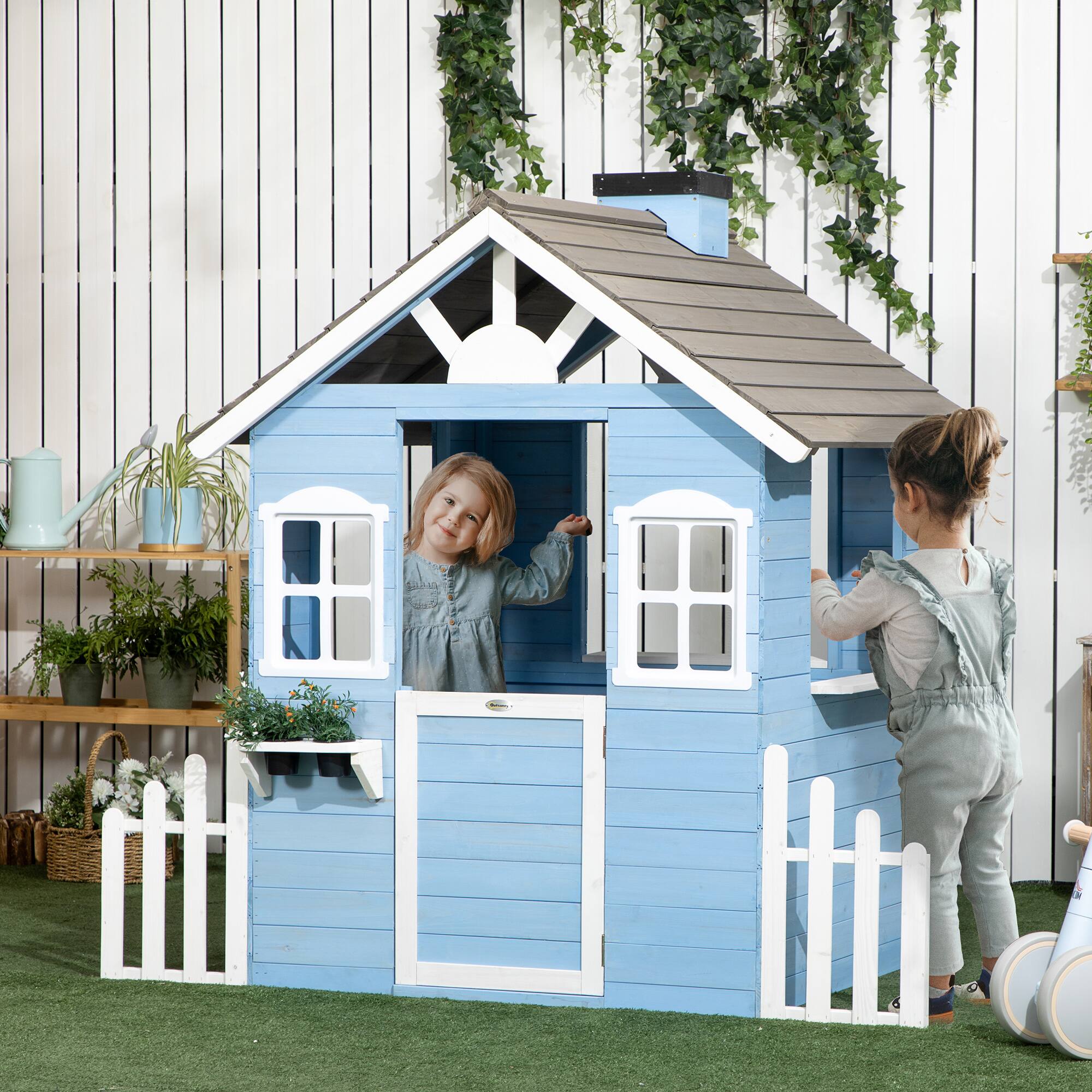 Angle. Outsunny - Playhouse for Kids Outdoor, Country Style Wooden, Flower Pot Holders, Working Door, Windows, 3-7 Years.