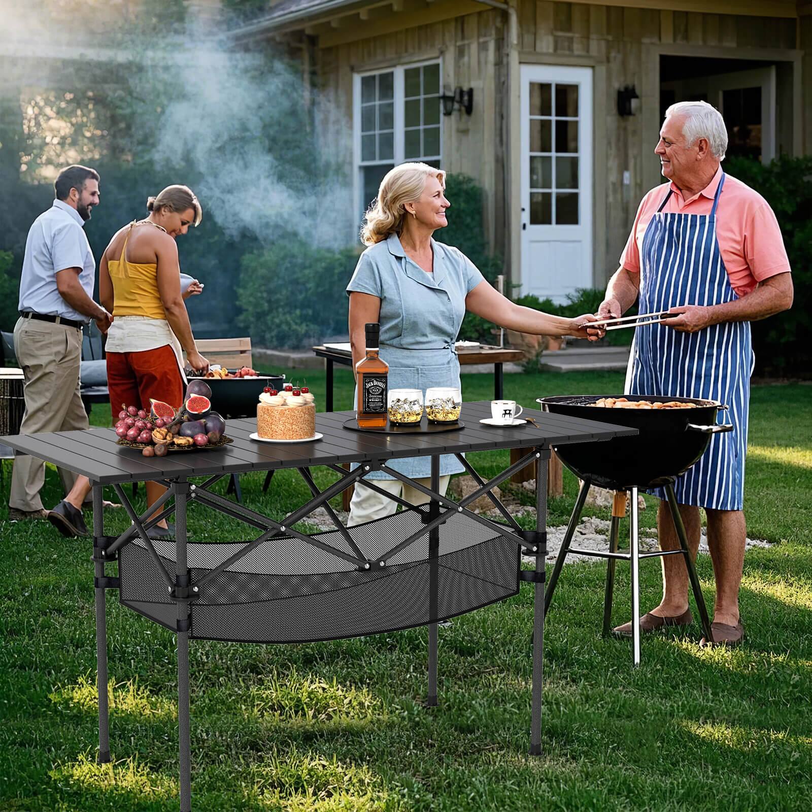 Alt View 3. Costway - Costway Patio Folding Camping Table with Aluminum Roll-up Tabletop & Mesh Basket - Black.