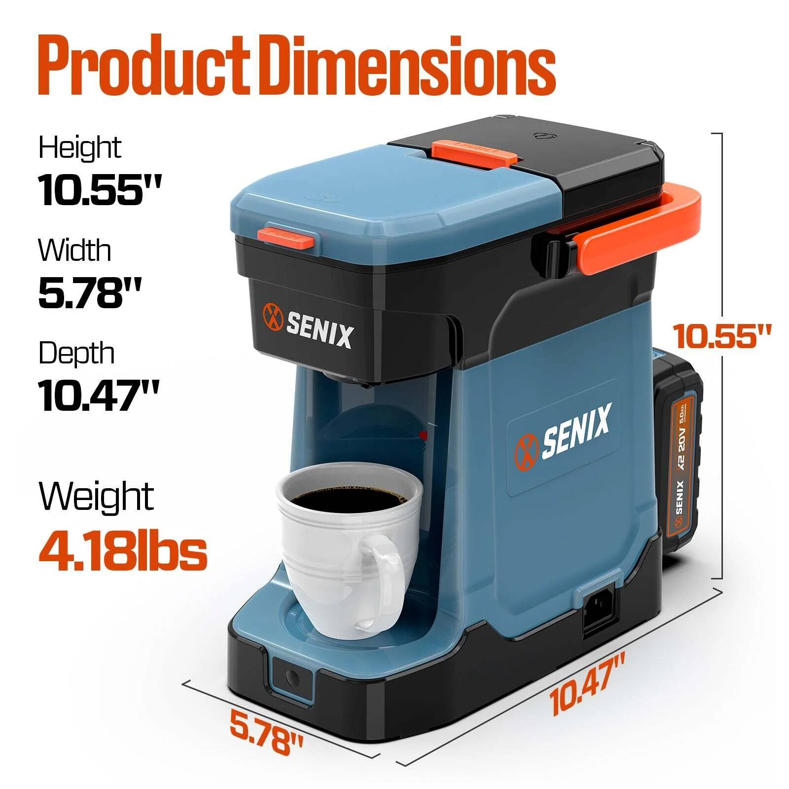 Product Dimensions  
Height 10.55"  
Width 5.78"  
Depth 10.47"  
Weight 4.18lbs  

SENIX 10.55"  
SENIX 20V  
SENIX 5.78"  
SENIX 10.47"