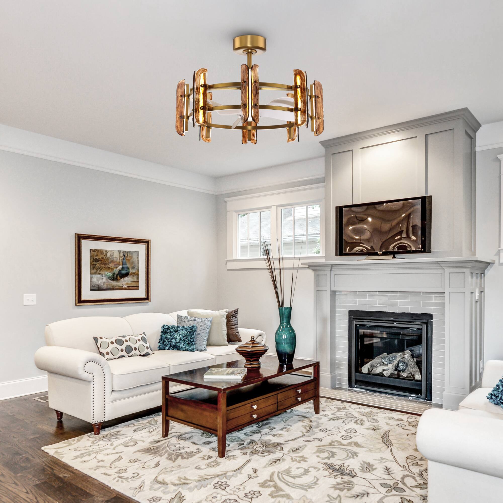 Angle. Perimost - 32" Modern Amber Art Glass Gold Ceiling Fan Chandelier with Light and Remote, DC Reversible Motor - Gold.