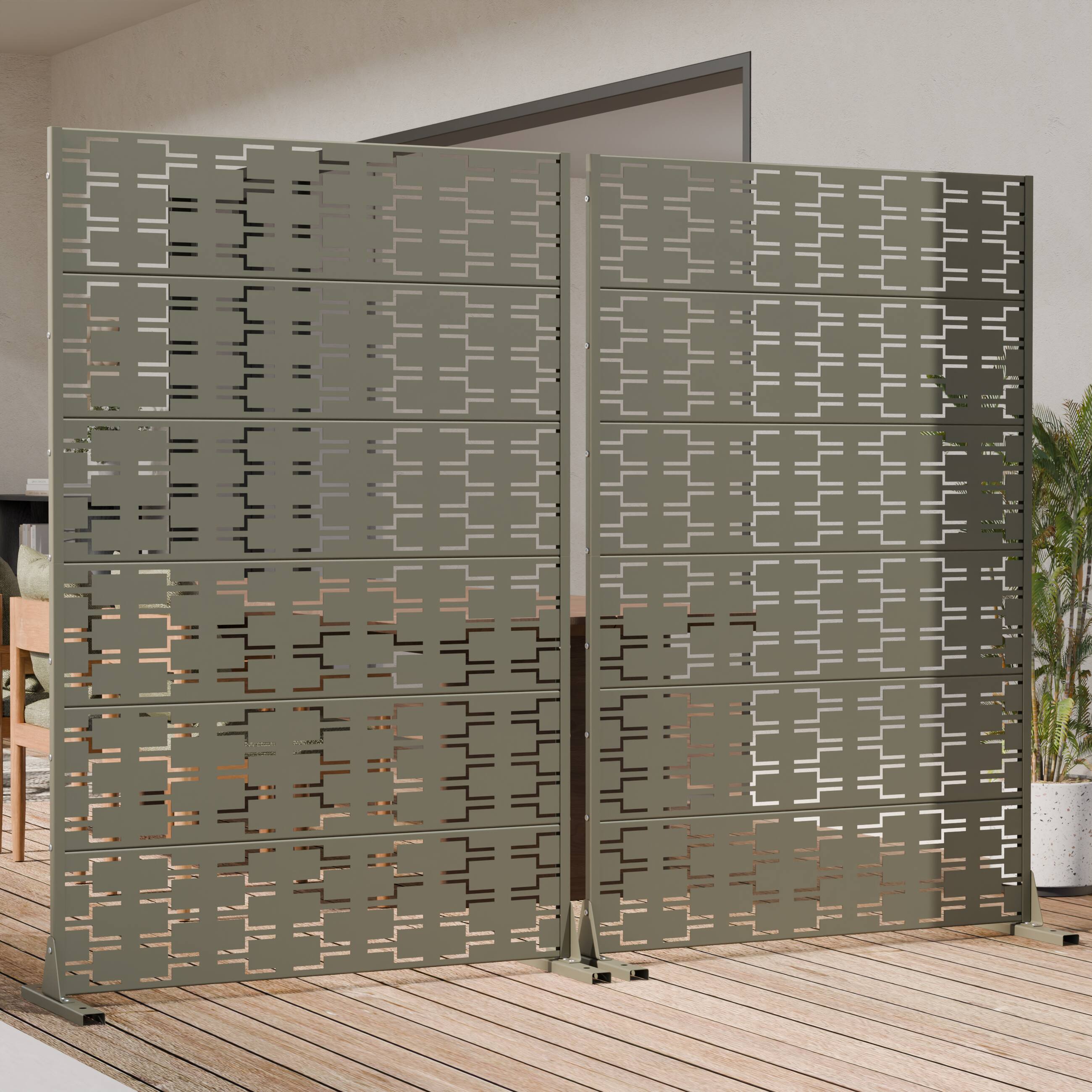 Alt View 1. PexFix - Metal Outdoor Privacy Screen Modern Geometric Laser-Cut Privacy Fence Freestanding Weatherproof Privacy Panel - Olive Gray.