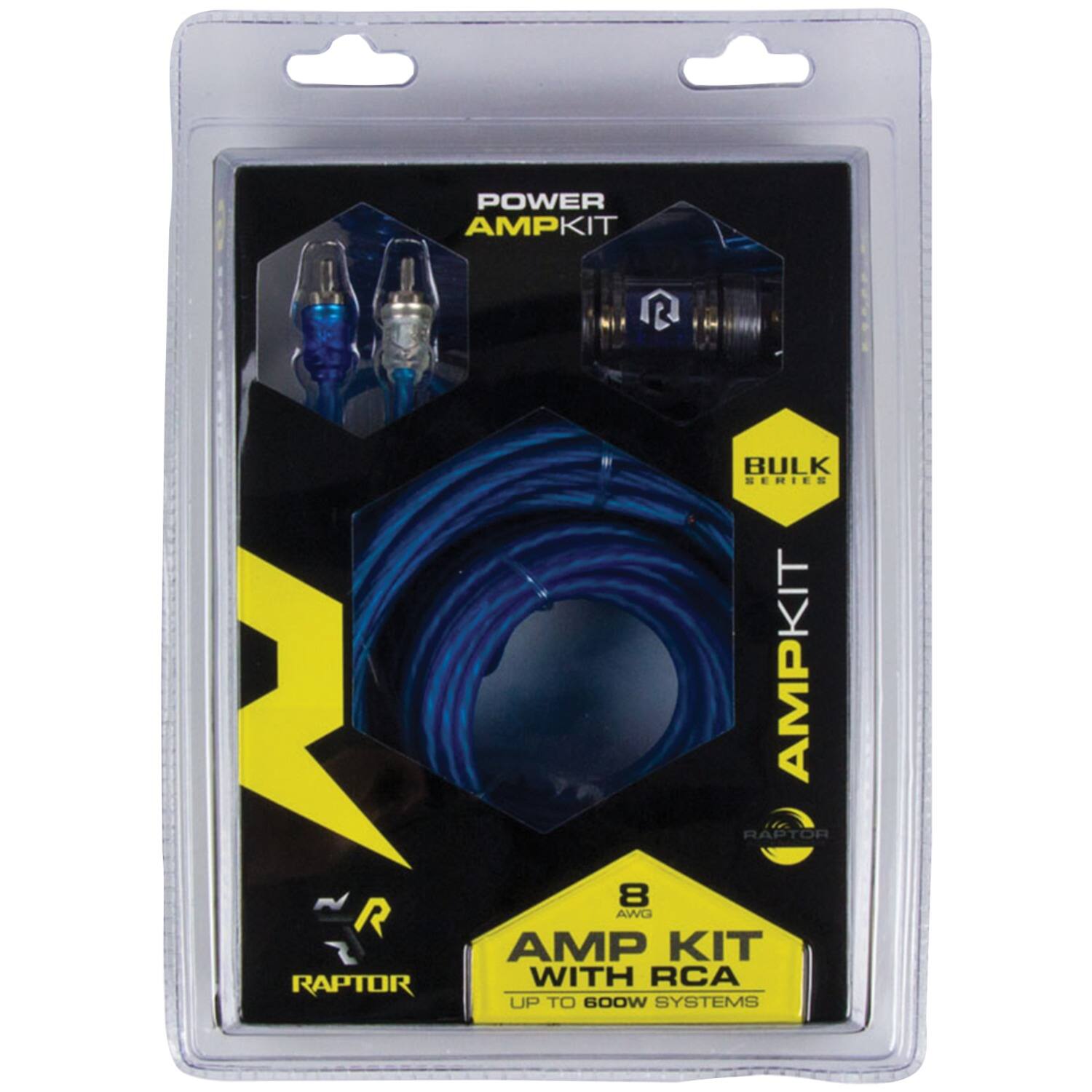 POWER AMP KIT  
RAPTOR BULK SERIES  
AMP KIT WITH RCA  
8 AWG  
UP TO 600W SYSTEMS