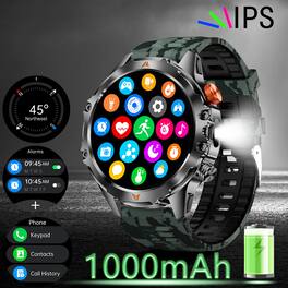 PRIMEPLUS - Tactical Smart Watch, 1000mAh Battery, LED Flashlight, Compass, 1.46" HD, IP68, Heart Rate/SpO2/Sleep, 60 Days Standby - Camouflage - (2024)
