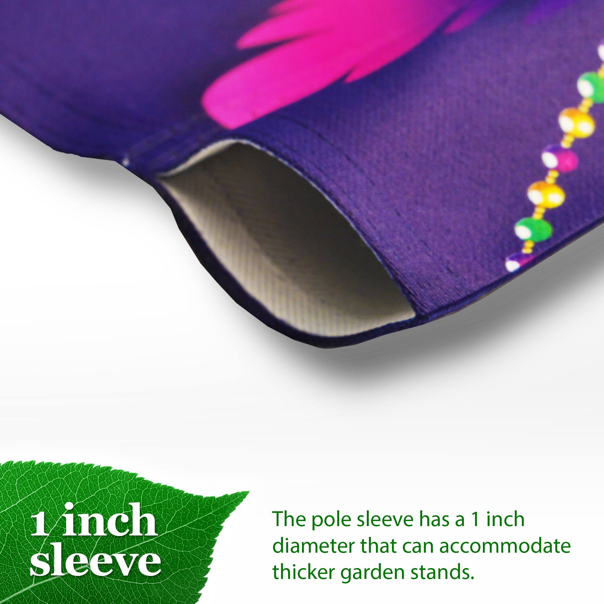 1 inch sleeve

The pole sleeve has a 1 inch diameter that can accommodate thicker garden stands.