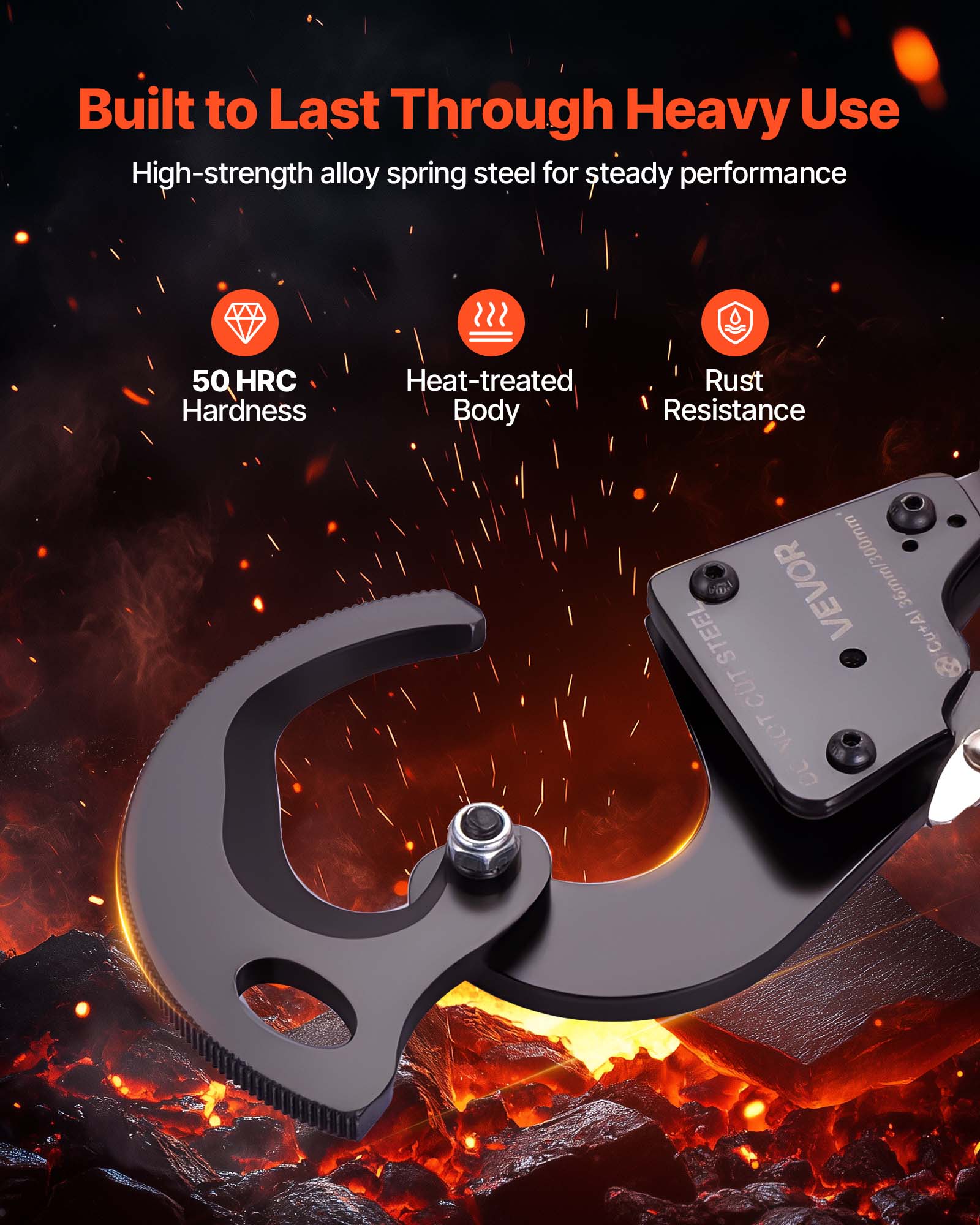 Built to Last Through Heavy Use  
High-strength alloy spring steel for steady performance  
50 HRC Hardness  
Heat-treated  
Rust Body Resistance  
36mm/300mm  
300mm  
VEVOR  
36mm STEEL  
Cu+Al CUT