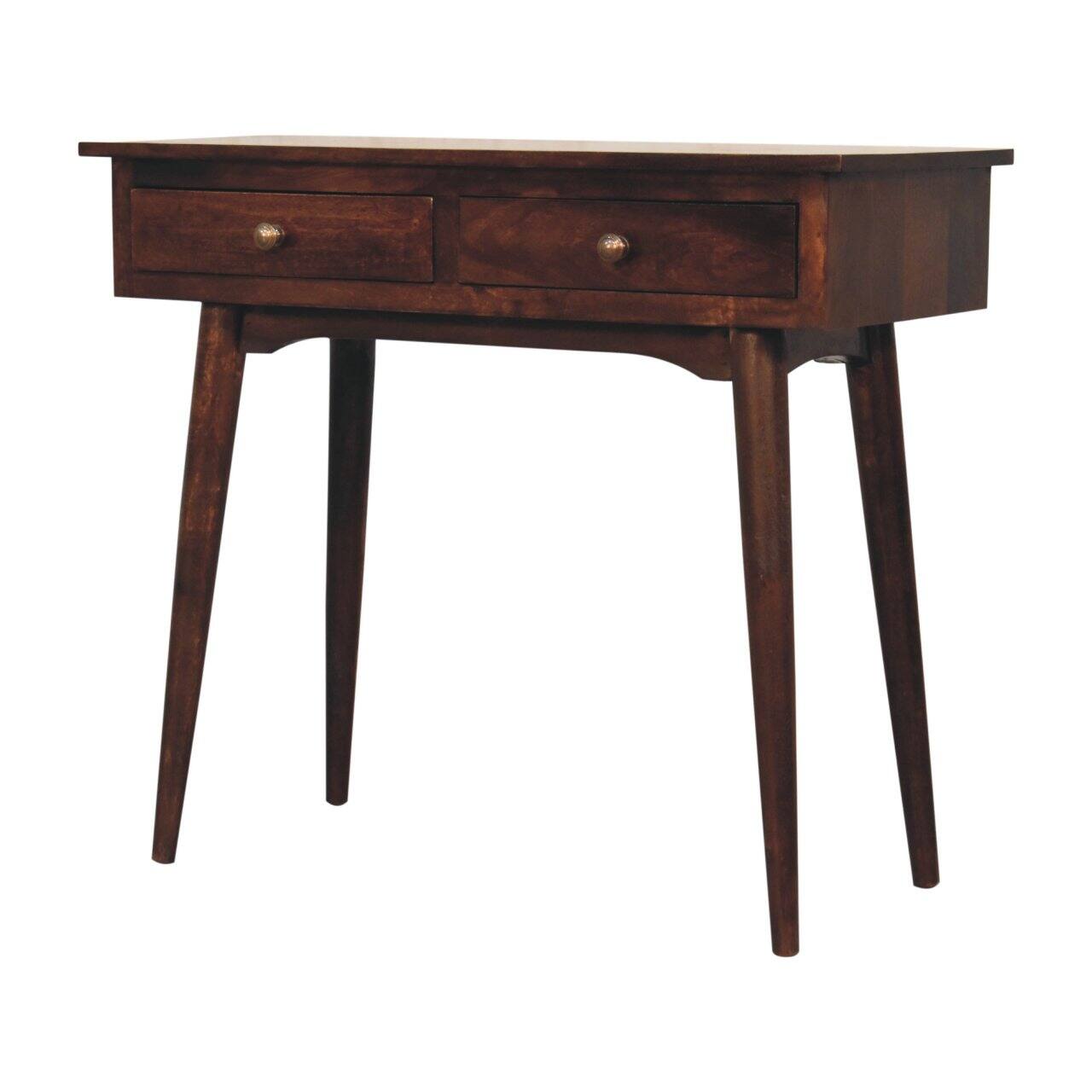 Angle. Artisan Furniture - California Walnut Hallway 2 Drawer Console Table - Dark Brown.
