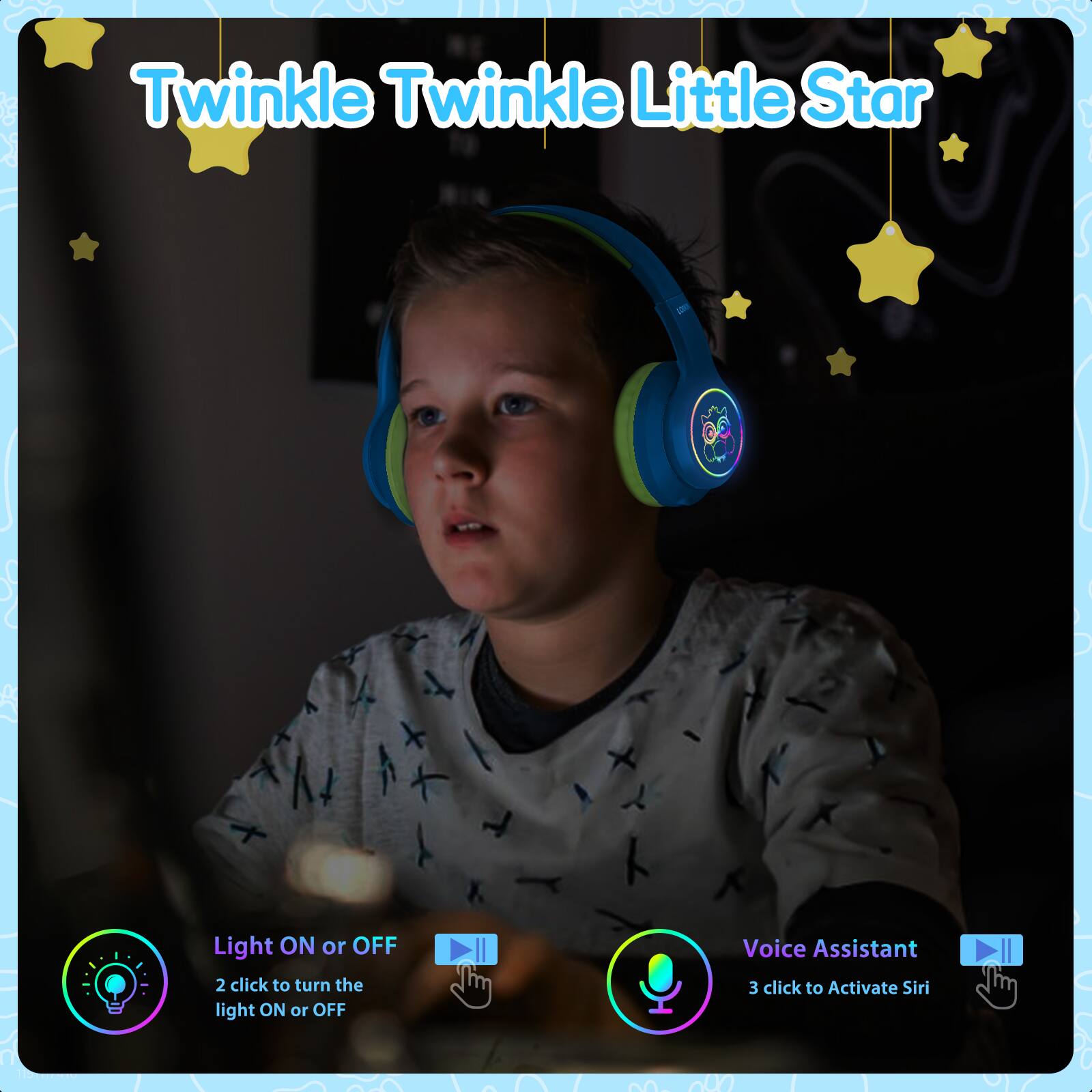 Twinkle Twinkle Little Star

Light ON or OFF
2 click to turn the light ON or OFF

Voice Assistant
3 click to Activate Siri