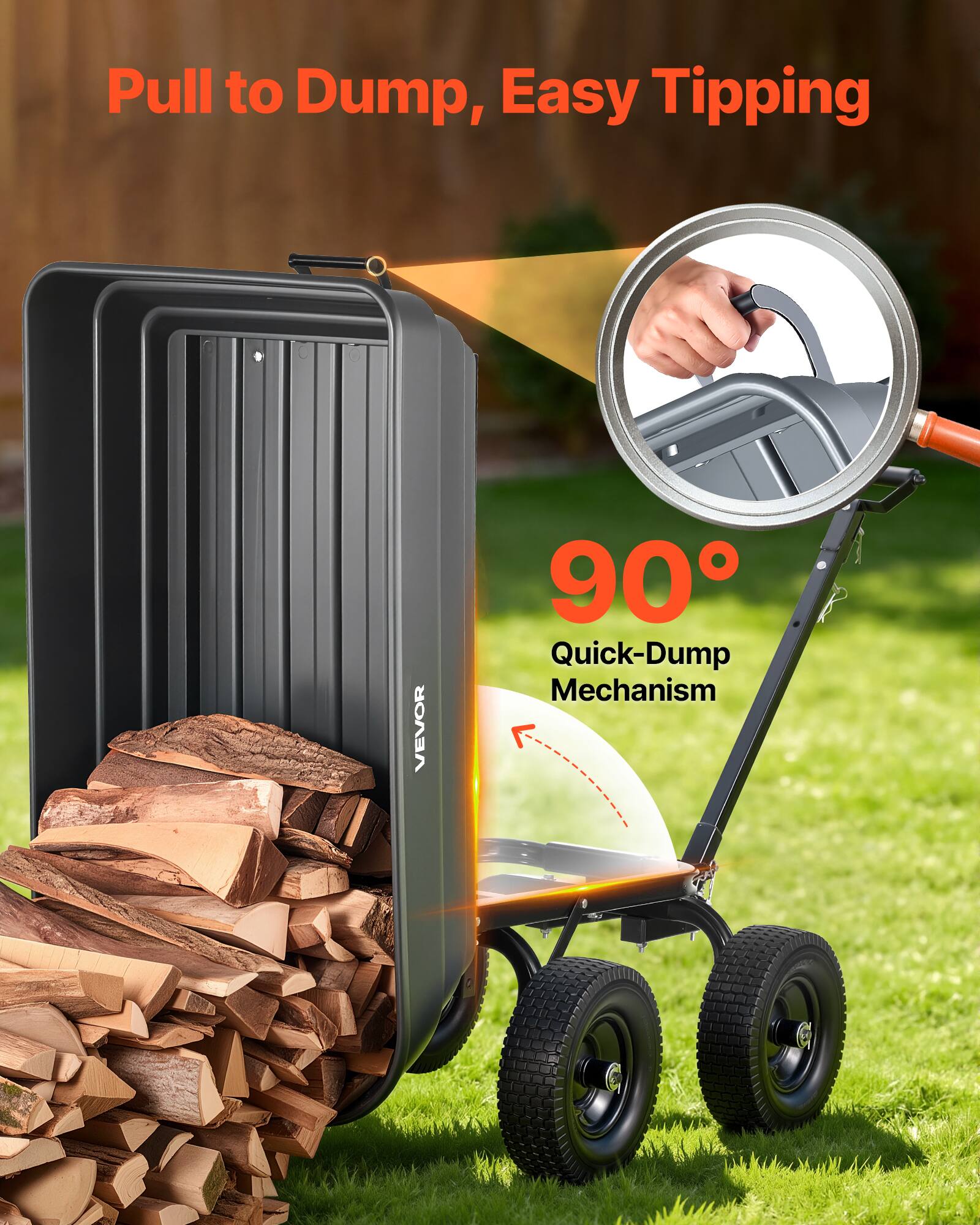 Pull to Dump, Easy Tipping

90° Quick-Dump Mechanism