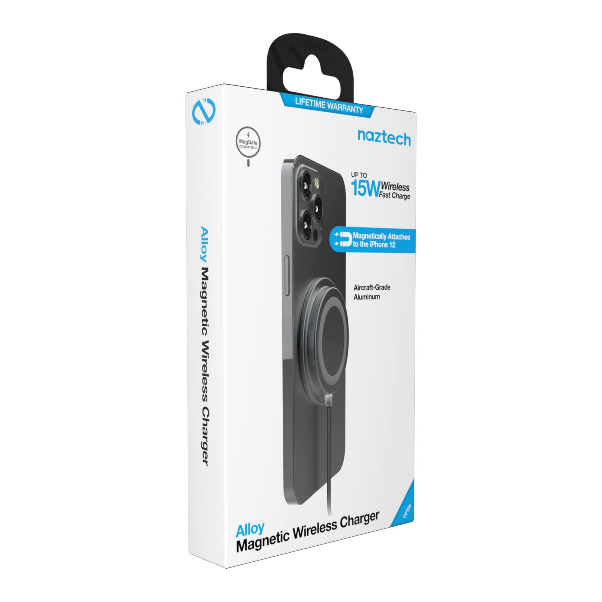 - MagSafe ralan LIFETIME WARRANTY naztech UP TO 15W Wireless Fast Charge Alloy Magnetic Wireless Charger  
- Magnetically Attaches to the Phone  
- 12 Aircraft-Grade Aluminum OPEN Alloy Wireless Charger Magnetic