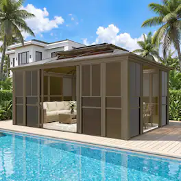 U-HOMY - Sunroom Gazebo with Double Roof, Adjustable Windows & Lockable Sliding Doors, All-Weather Solarium for Patio - 12' x 16'