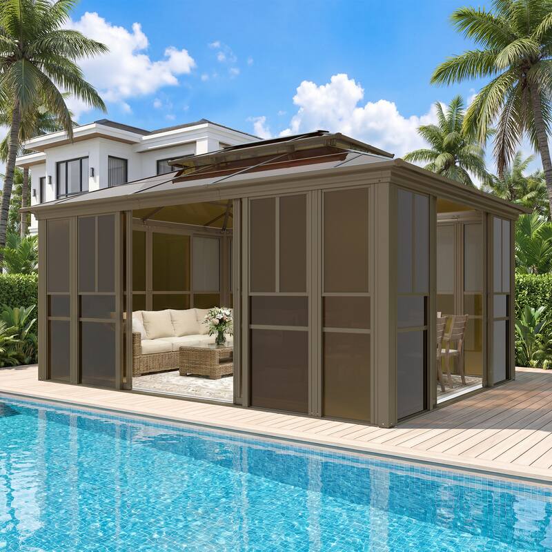Front. U-HOMY - Sunroom Gazebo with Double Roof, Adjustable Windows & Lockable Sliding Doors, All-Weather Solarium for Patio - 12' x 16'.