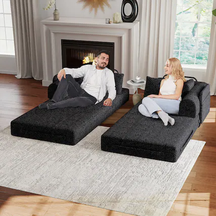 Front. Trinkets Crazed - Chenille Convertible Sofa Bed, 78.7" Modular Sleeper with Fixed Frame, Boneless Compression & Pull Out Bed - Black.