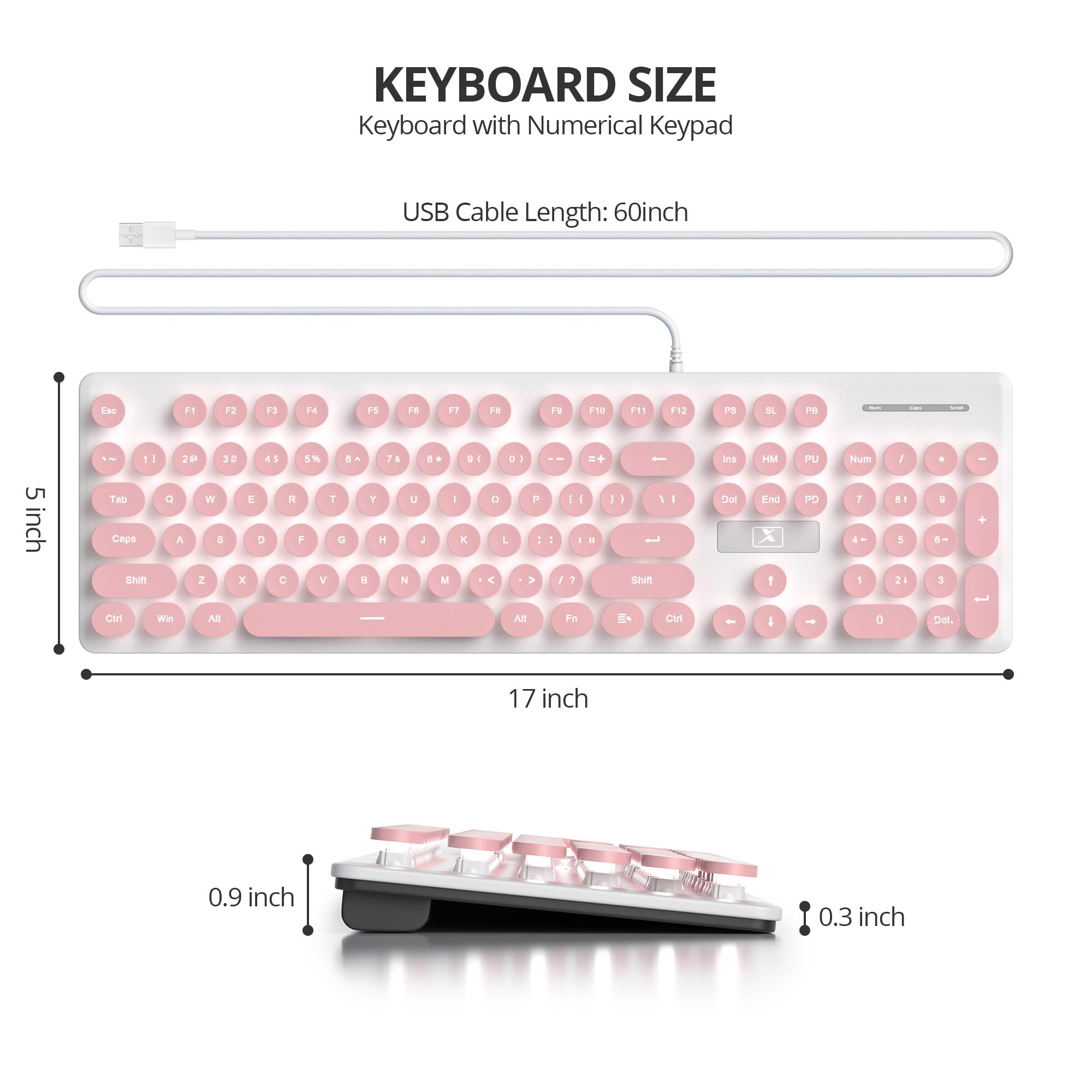 **KEYBOARD SIZE**  
Keyboard with Numerical Keypad  
USB Cable Length: 60 inch  

**Dimensions**  
- Width: 17 inch  
- Height: 5 inch  
- Thickness: 0.9 inch  
- Key Height: 0.3 inch