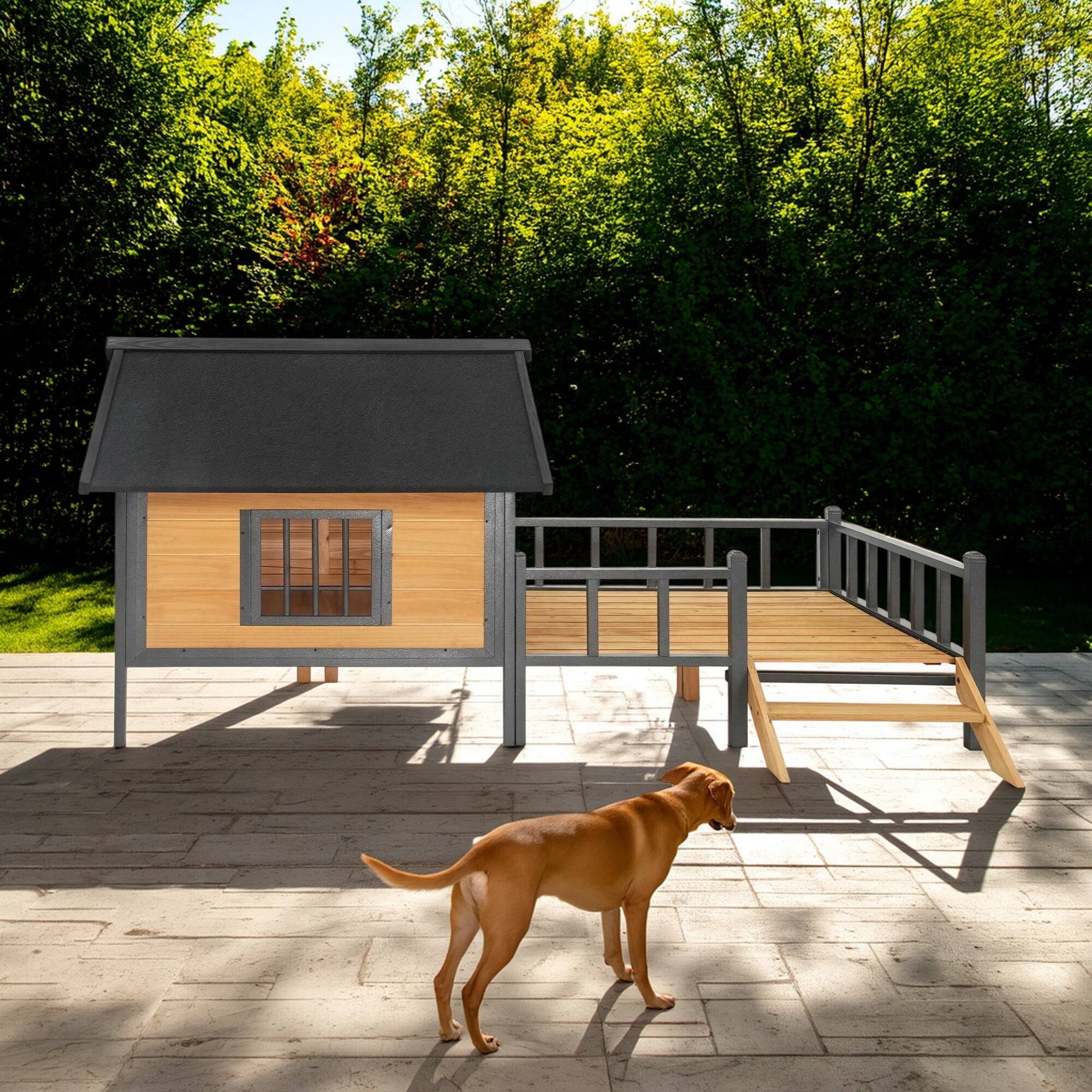 Angle. Pefilos - 67" Wood Dog House for Medium Dogs, Outdoor and Indoor Cat Shelter, Weatherproof Pet Kennel with Porch.