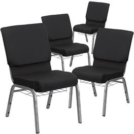 Emma + Oliver - 4 Pack 18.5''W Church Chair with Book Rack - Black Patterned Fabric/Silver Vein Frame