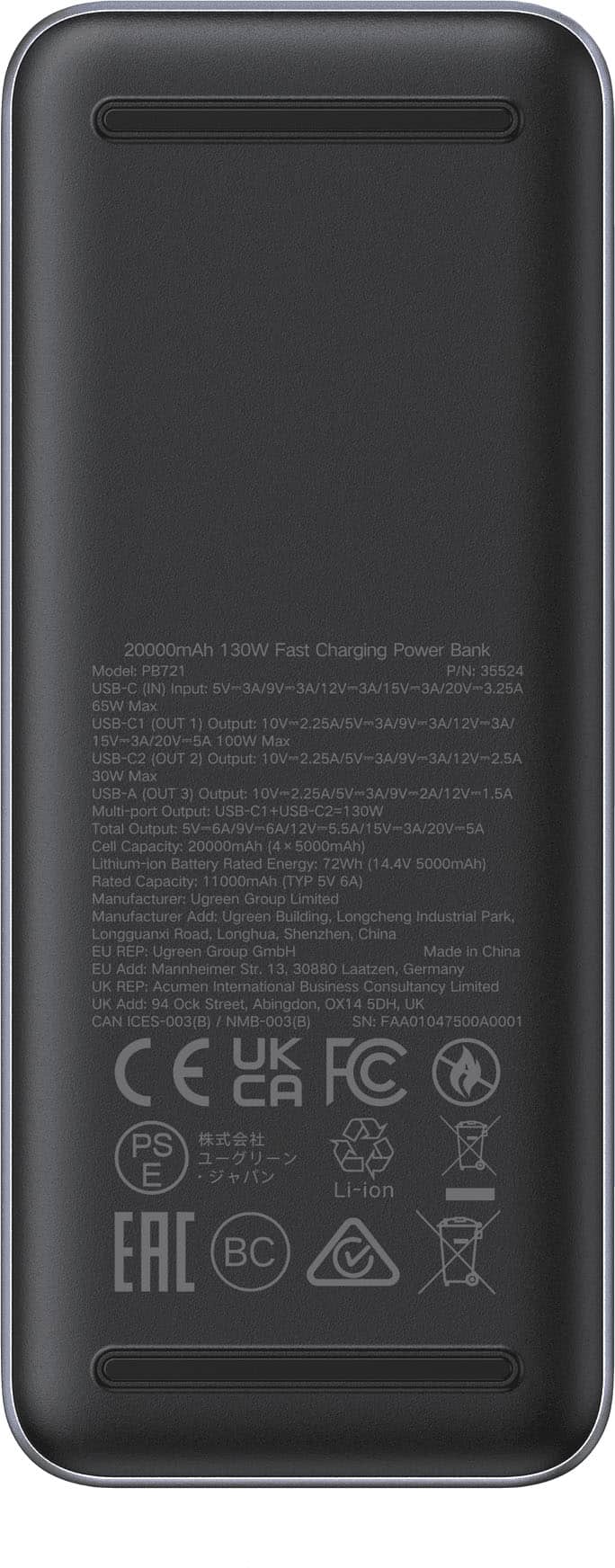 The image shows a back of a cell phone or power bank with a list of specifications. The specifications include a 20000mAh capacity, a 130W fast charging power bank, and a 5000mAh rated energy. The power bank has a 72Wh rated capacity and a 11000mAh typ 5V 6A rating. The manufacturer is Ugreen Group Limited, and the product is made in China. The EU representative is Ugreen Group GmbH, and the UK representative is Acumen International Business Consultancy Limited. The product has a CE, EAC, BC, and Li-ion certification.