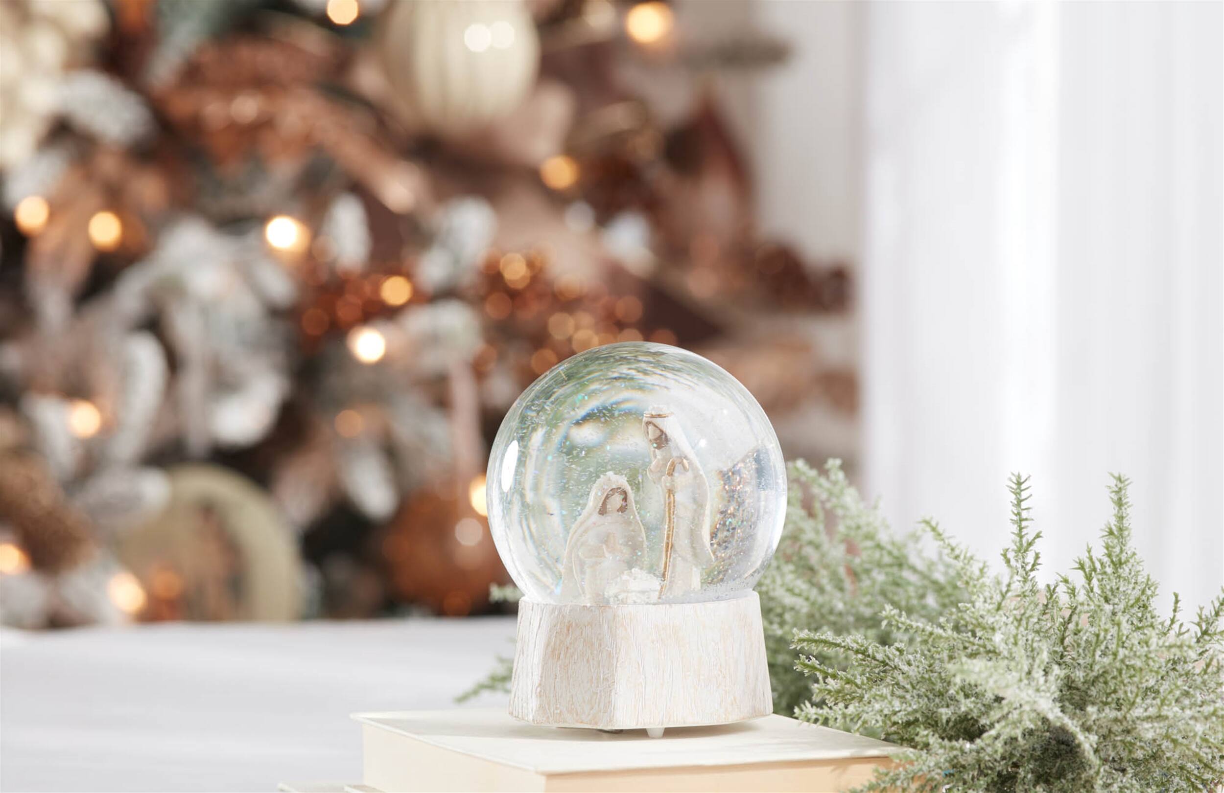Left. BreeBe - Musical Nativity Scene Snow Globe 5.75"H - White, Beige.
