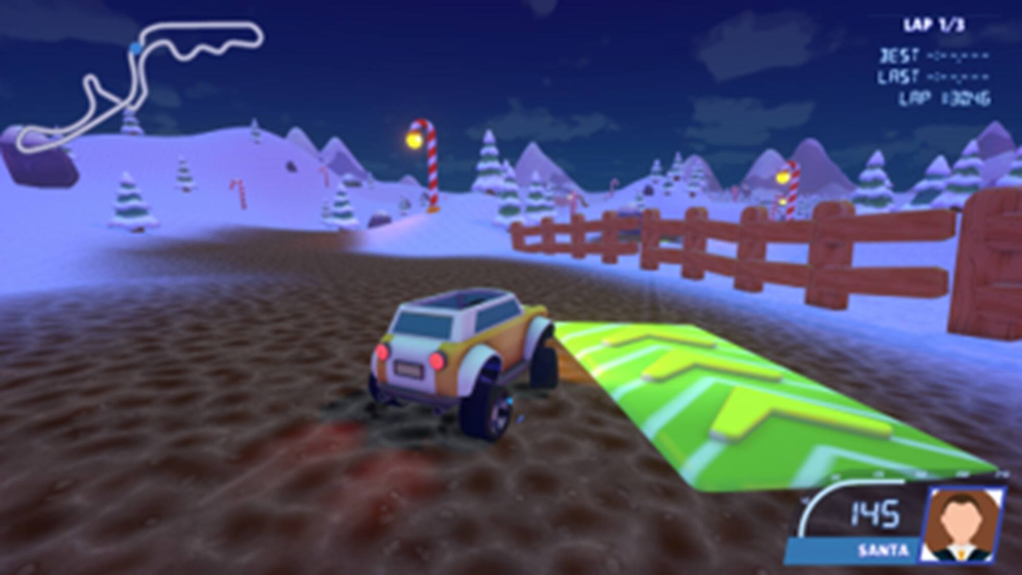 The text on the image reads: "LAP 1/3 JEST LAST LAP 1304 I 145 SANTA." This text is likely related to a racing game, as it indicates the current lap and the player's position in the race. The text is grouped as follows:
1. LAP 1/3: This indicates that the player is on the first of three laps in the race.
2. JEST LAST LAP: This suggests that the player has already completed the previous lap and is now on the last lap of the race.
3. 1304 I 145: These numbers represent the player's position in the race, with the first number being the lap number and the second number being the player's position relative to the leader. In this case, the player is in 145th place.
4. SANTA: This is likely a reference to the holiday season, as Santa Claus is often associated with Christmas and gift-giving. It could be a themed race or a special event related to the holiday season.