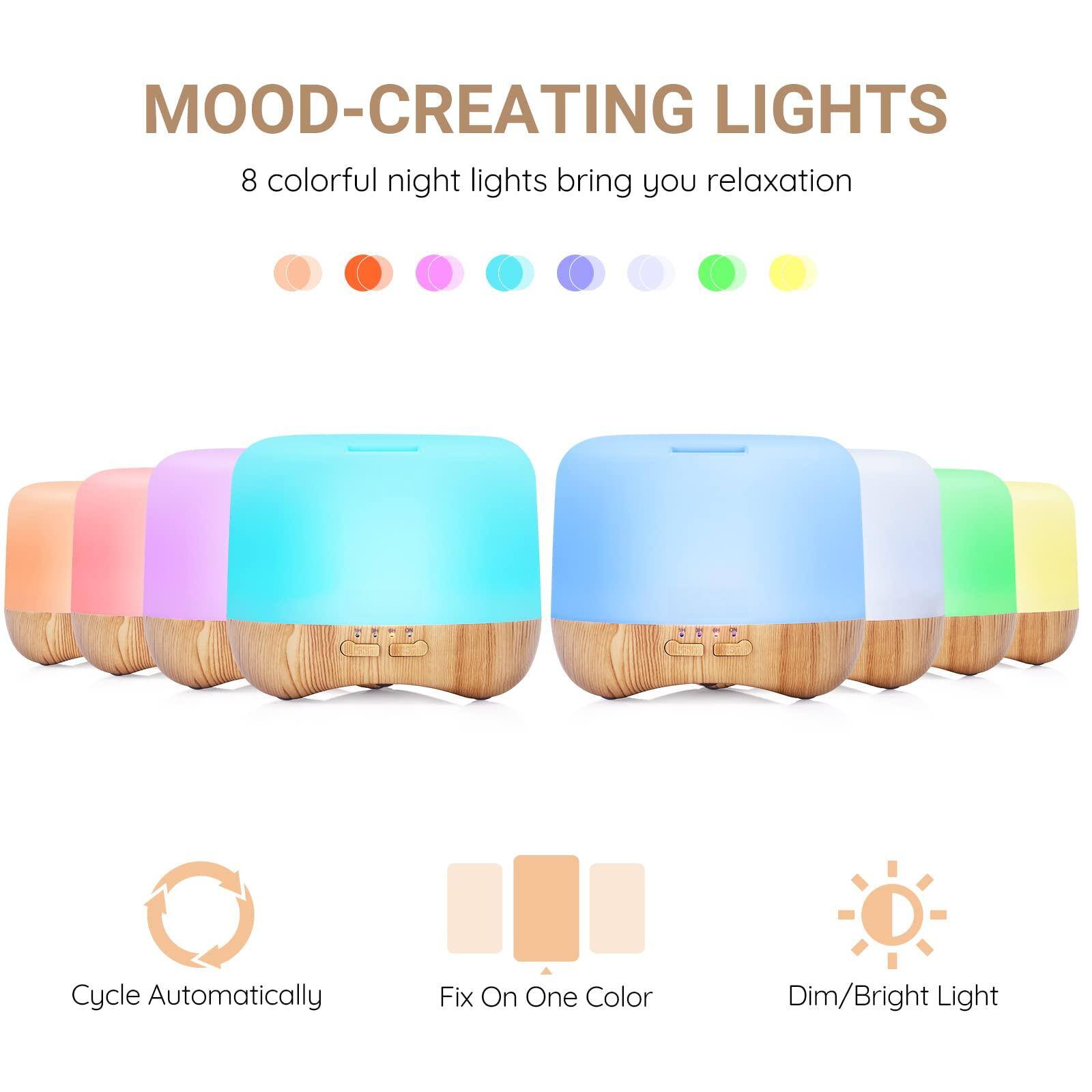 MOOD-CREATING LIGHTS

8 colorful night lights bring you relaxation

Cycle Automatically  
Fix On One Color  
Dim/Bright Light