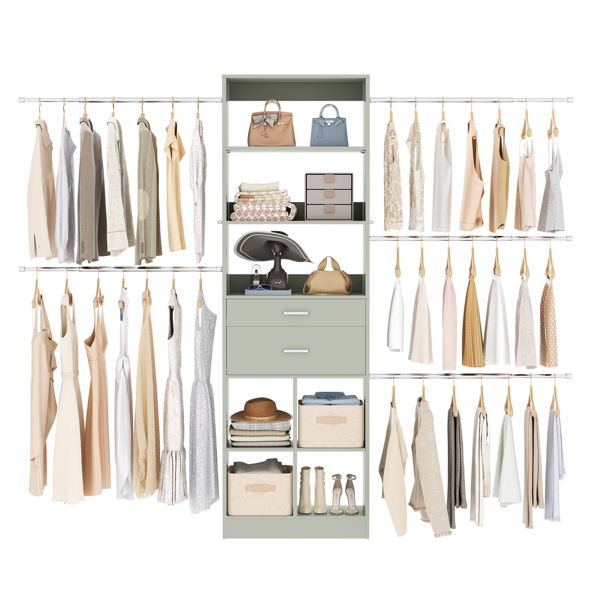 Front. Aheaplus - 4-8 FT Walk-in Closet Organizer with 2 Wood Drawers, 5 Hang Rods & Built-in Shelves - Fits 60-96'' Closets - Cyan.